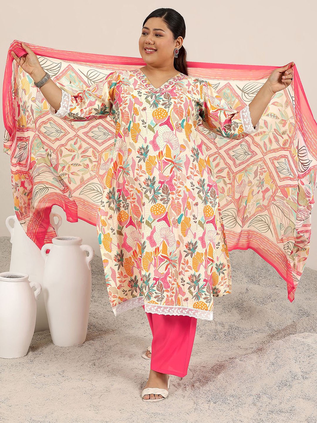 EXTRA LOVE BY LIBAS Plus Size Floral Printed Thread Work Kurta With Trousers & Dupatta, Yellow
EXTRA LOVE BY LIBAS Plus Size Floral Printed Thread Work Kurta With Trousers & Dupatta, Yellow