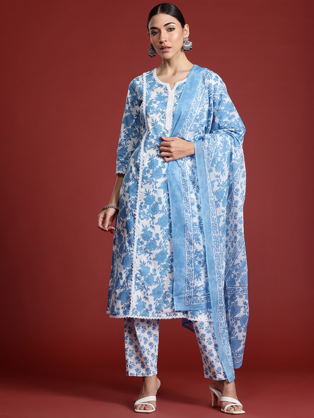 Indo Era Floral Printed Panelled Beads & Stones Pure Cotton Kurta With Trousers & Dupatta, Blue
Indo Era Floral Printed Panelled Beads & Stones Pure Cotton Kurta With Trousers & Dupatta, Blue