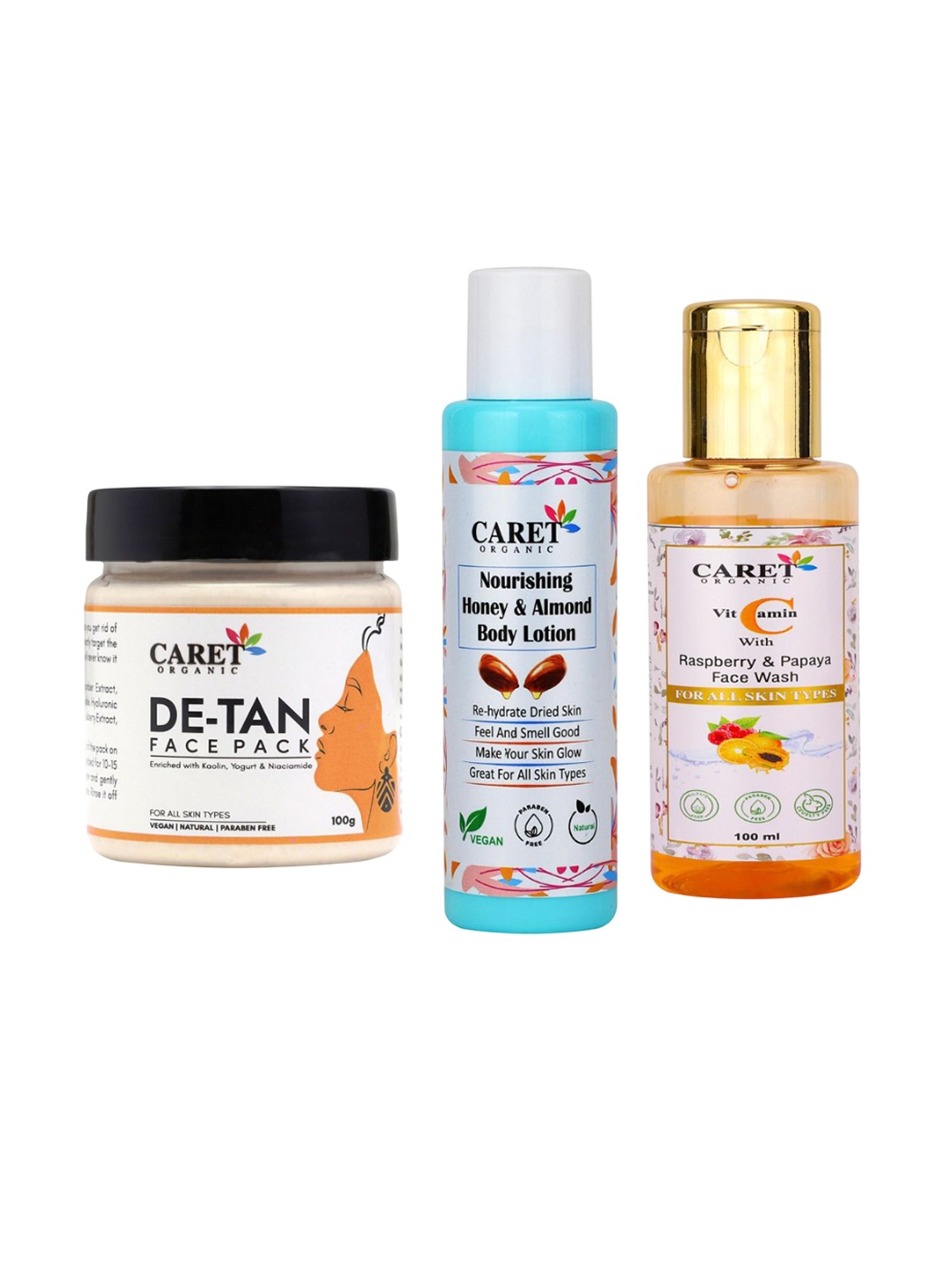 CARET ORGANIC Set Of 3 Detan Face Pack- Almond Body Lotion & Papaya Face Wash 100 ml Each, White
CARET ORGANIC Set Of 3 Detan Face Pack- Almond Body Lotion & Papaya Face Wash 100 ml Each, White