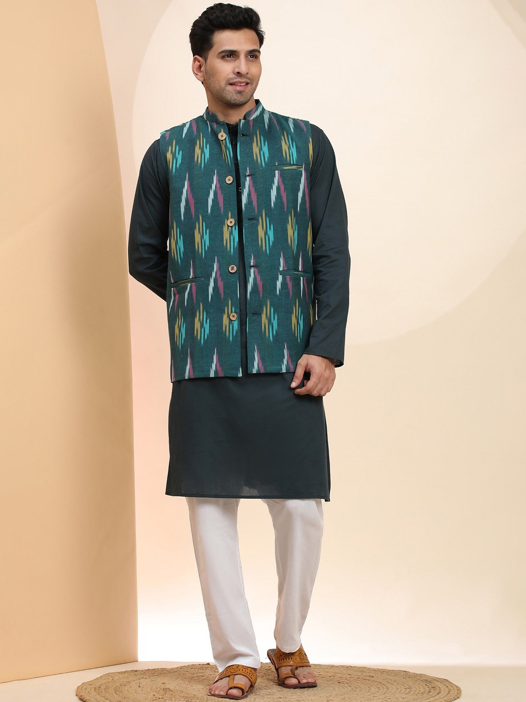 Moda Rapido Woven Design Band Collar Pure Cotton Straight Kurta With Pyjama & Nehru Jacket, Black
Moda Rapido Woven Design Band Collar Pure Cotton Straight Kurta With Pyjama & Nehru Jacket, Black