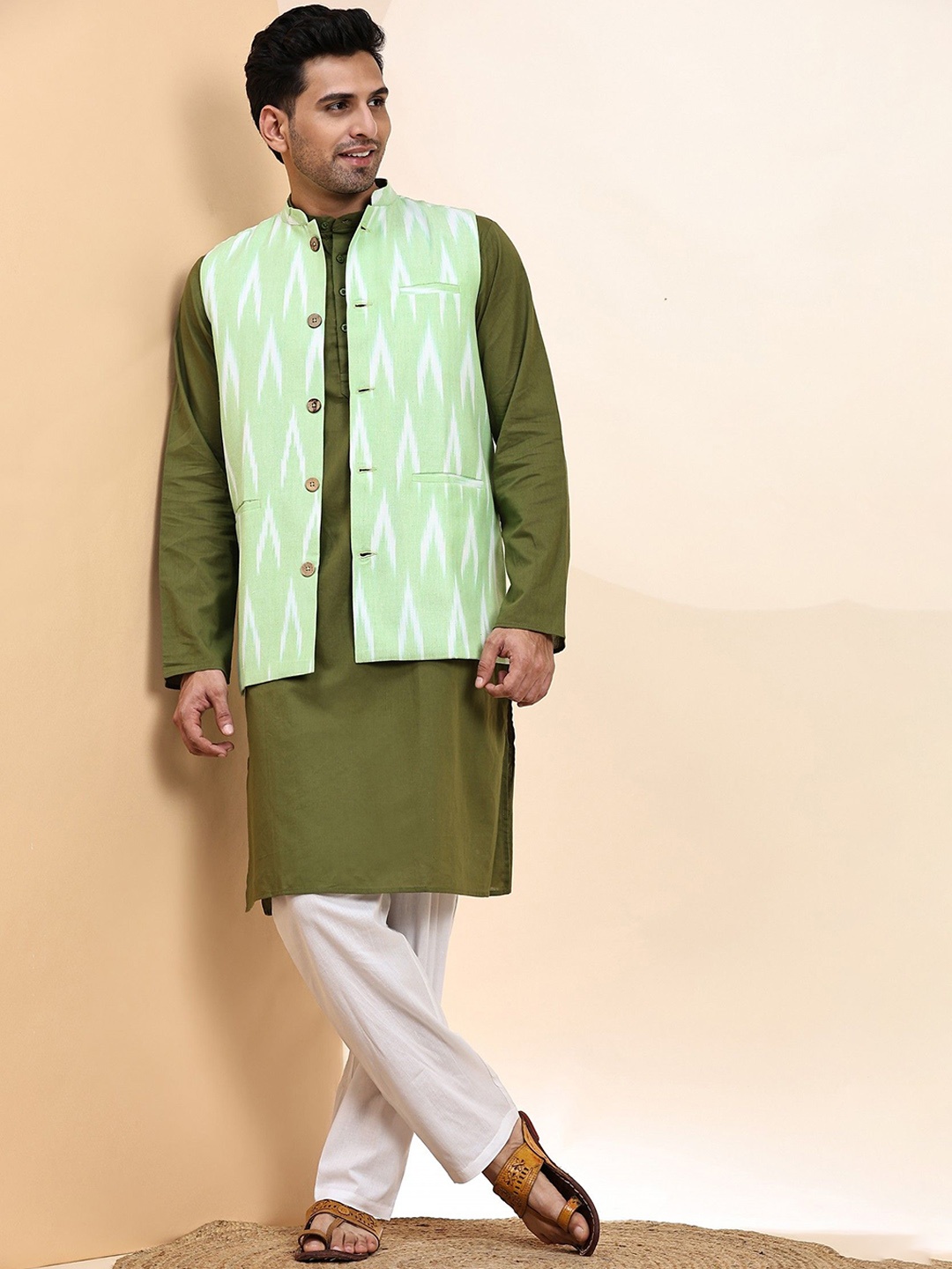Moda Rapido Woven Design Band Collar Pure Cotton Straight Kurta With Pyjama & Nehru Jacket, Olive
Moda Rapido Woven Design Band Collar Pure Cotton Straight Kurta With Pyjama & Nehru Jacket, Olive