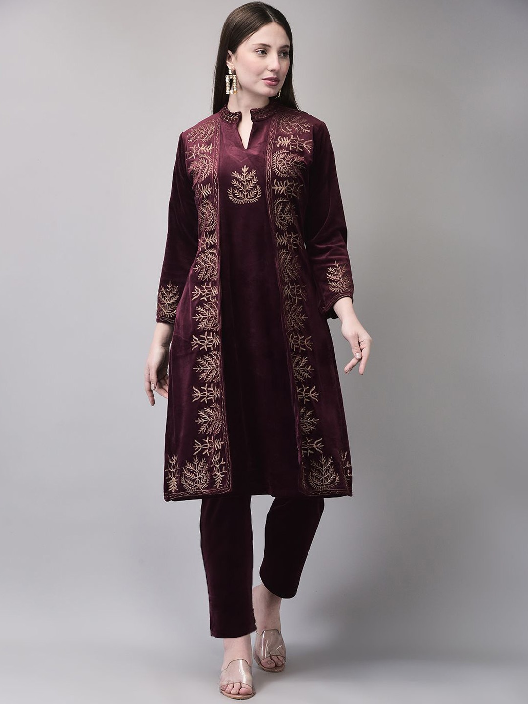 FNOCKS Floral Embroidered Mandarin Collar Thread Work Velvet Straight Kurta With Trousers, Maroon
FNOCKS Floral Embroidered Mandarin Collar Thread Work Velvet Straight Kurta With Trousers, Maroon