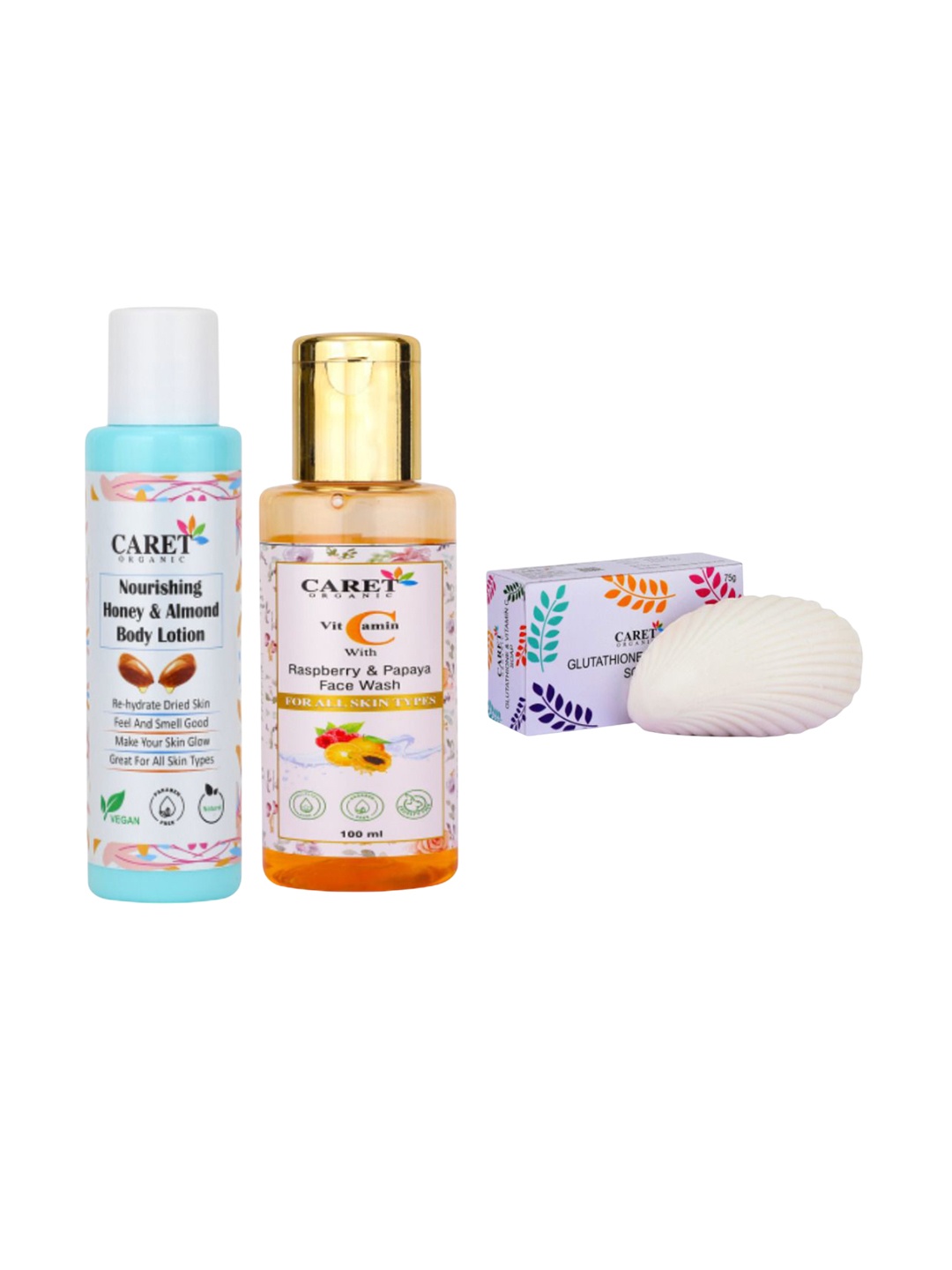 CARET ORGANIC Set of 3 Body Lotion & Raspberry Papaya Face Wash & Glutathione Soap, White
CARET ORGANIC Set of 3 Body Lotion & Raspberry Papaya Face Wash & Glutathione Soap, White