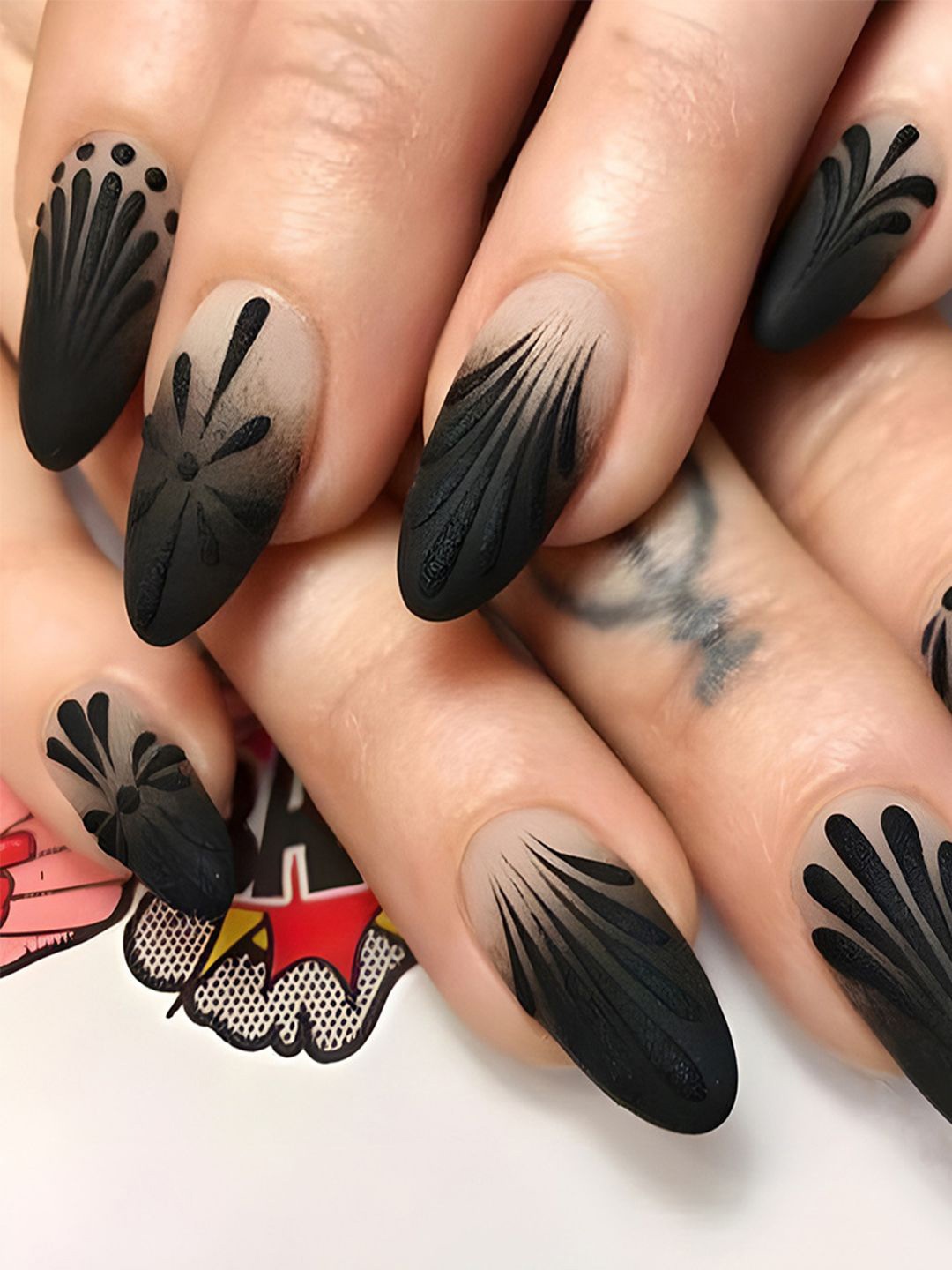 Secret Lives Set Of 24 Matte Almond Shape Leaves Design Reusable Nails - Translucent Black
Secret Lives Set Of 24 Matte Almond Shape Leaves Design Reusable Nails - Translucent Black