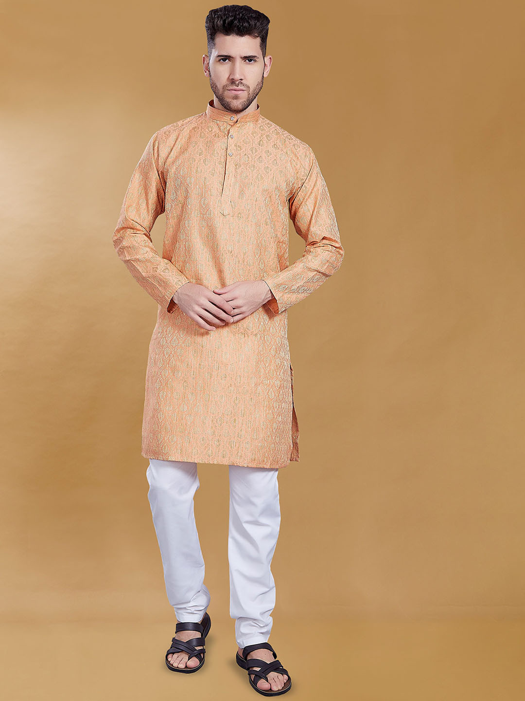 DIVISIVE Ethnic Motifs Printed Band Collar Banarasi Silk Slim Fit Straight Kurta, Orange
DIVISIVE Ethnic Motifs Printed Band Collar Banarasi Silk Slim Fit Straight Kurta, Orange