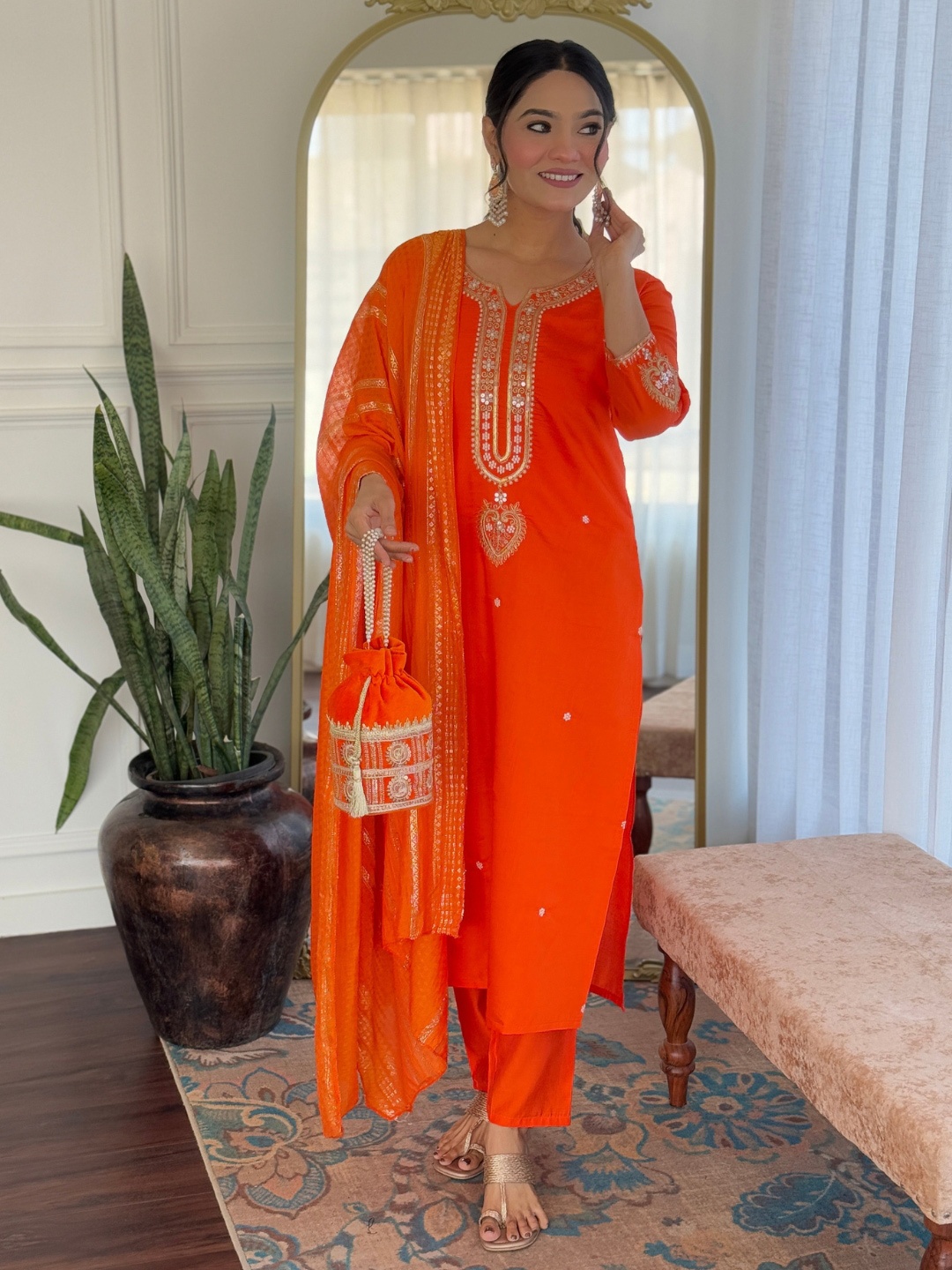 KALINI Floral Embroidered Sequinned Notch Neck Straight Kurta With Trousers And Dupatta, Orange
KALINI Floral Embroidered Sequinned Notch Neck Straight Kurta With Trousers And Dupatta, Orange