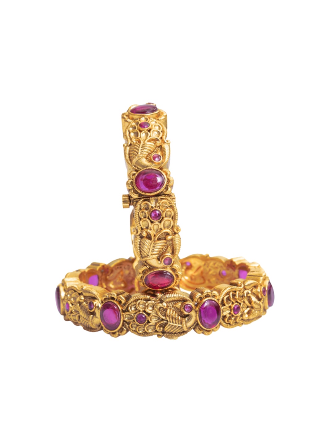 South Temple Jewellery Set Of 2 Gold-Plated Ruby Stones-Studded Antique Bangles
South Temple Jewellery Set Of 2 Gold-Plated Ruby Stones-Studded Antique Bangles