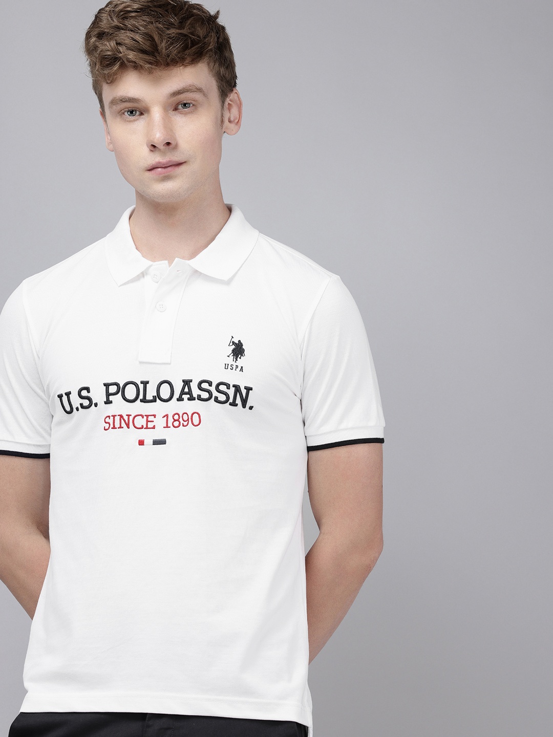 U.S. Polo Assn. Brand Logo Embroidered Polo Collar Slim Fit Pure Cotton T-shirt, White
U.S. Polo Assn. Brand Logo Embroidered Polo Collar Slim Fit Pure Cotton T-shirt, White