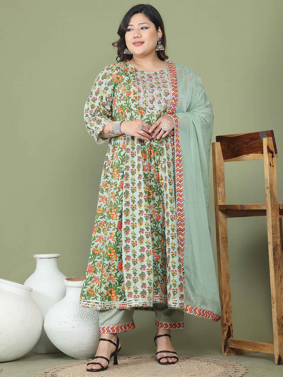Roly Poly Plus Size Floral Printed Pure Cotton Anarkali Kurta With Trouser And Dupatta, Green
Roly Poly Plus Size Floral Printed Pure Cotton Anarkali Kurta With Trouser And Dupatta, Green