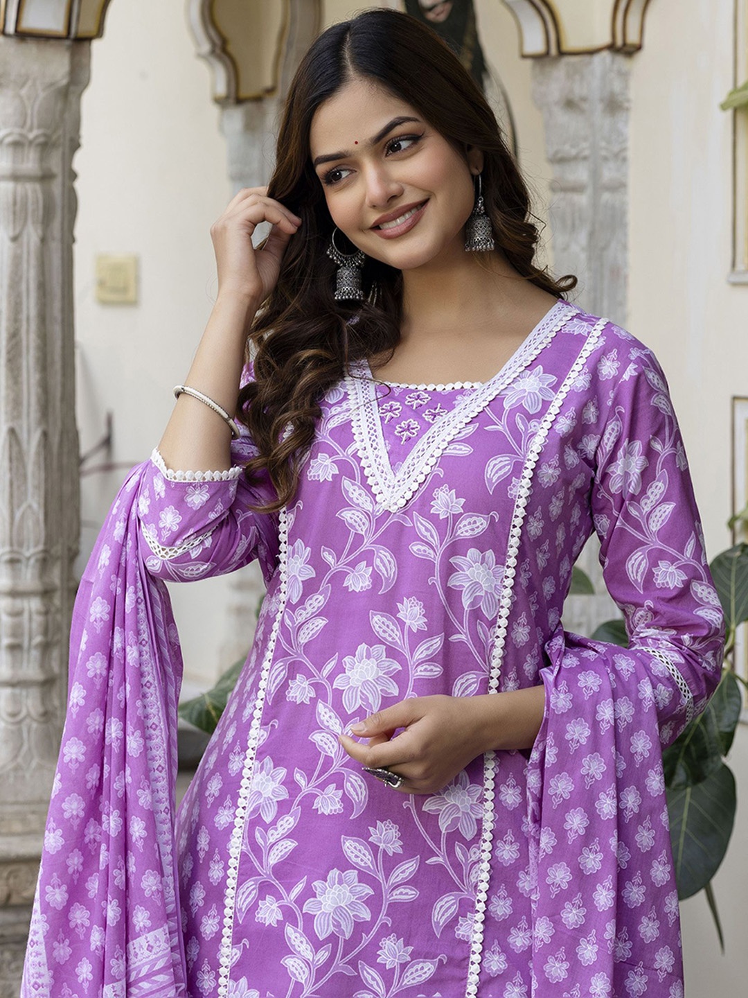 EthniFlair Floral Printed V-Neck Pure Cotton Straight Kurta With Trouser & Dupatta, Purple
EthniFlair Floral Printed V-Neck Pure Cotton Straight Kurta With Trouser & Dupatta, Purple
