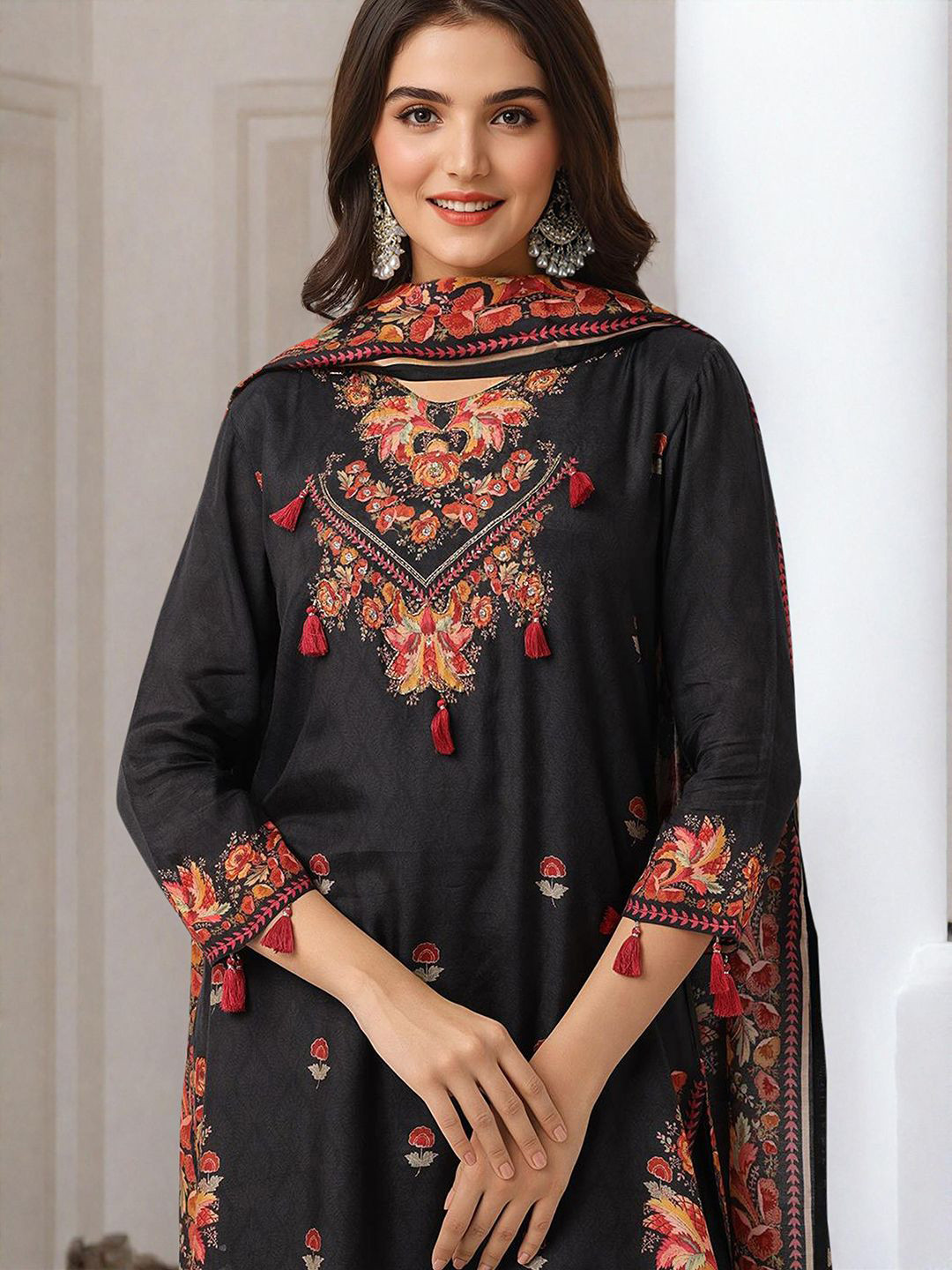 Ishin Women Floral Printed Regular Kurta with Trousers & With Dupatta, Black 
Ishin Women Floral Printed Regular Kurta with Trousers & With Dupatta, Black