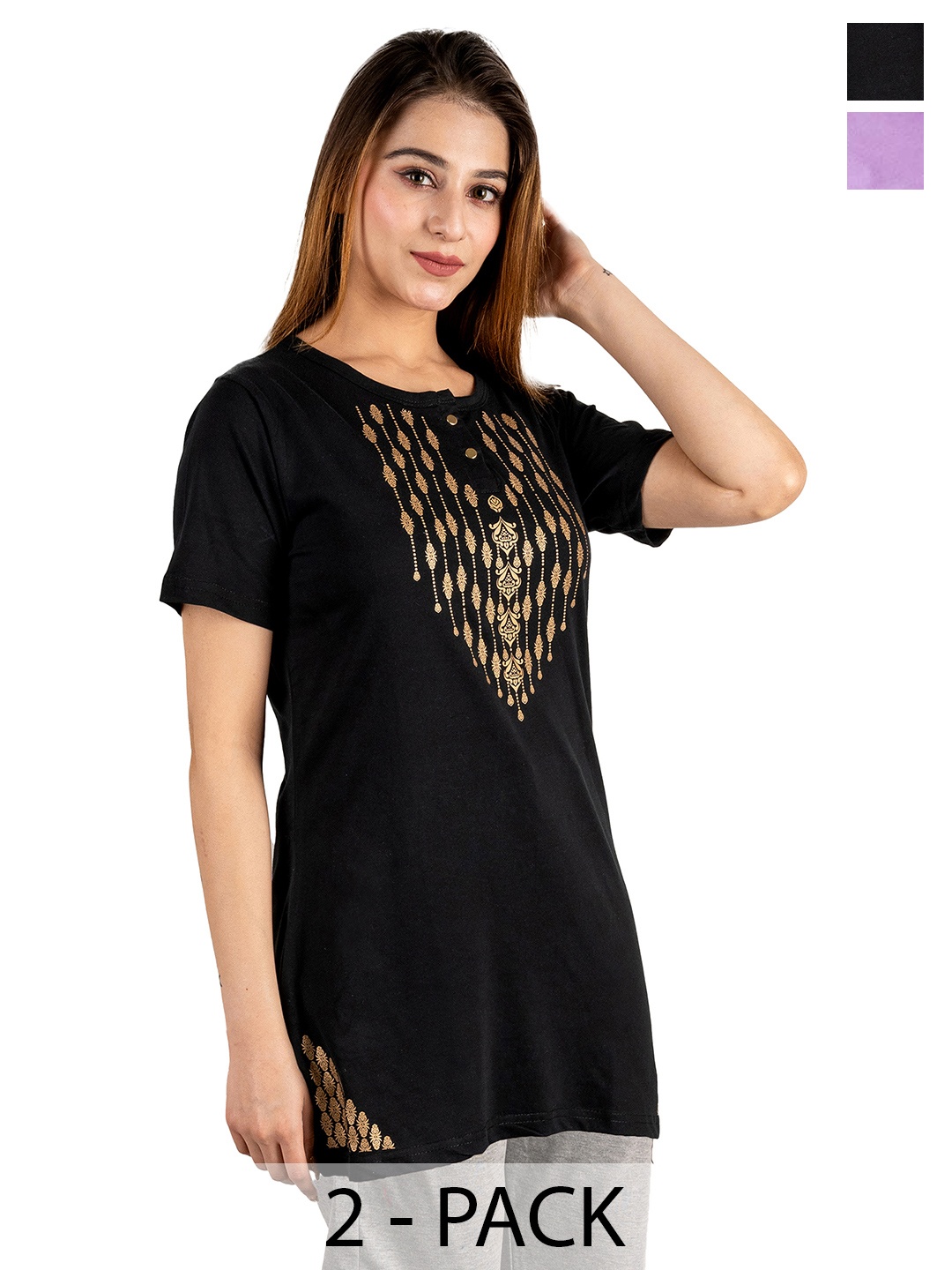 URBE-URBAN EVOLUTION Women Pack Of 2 Floral Printed Round Neck Cotton T-shirts, Black
URBE-URBAN EVOLUTION Women Pack Of 2 Floral Printed Round Neck Cotton T-shirts, Black