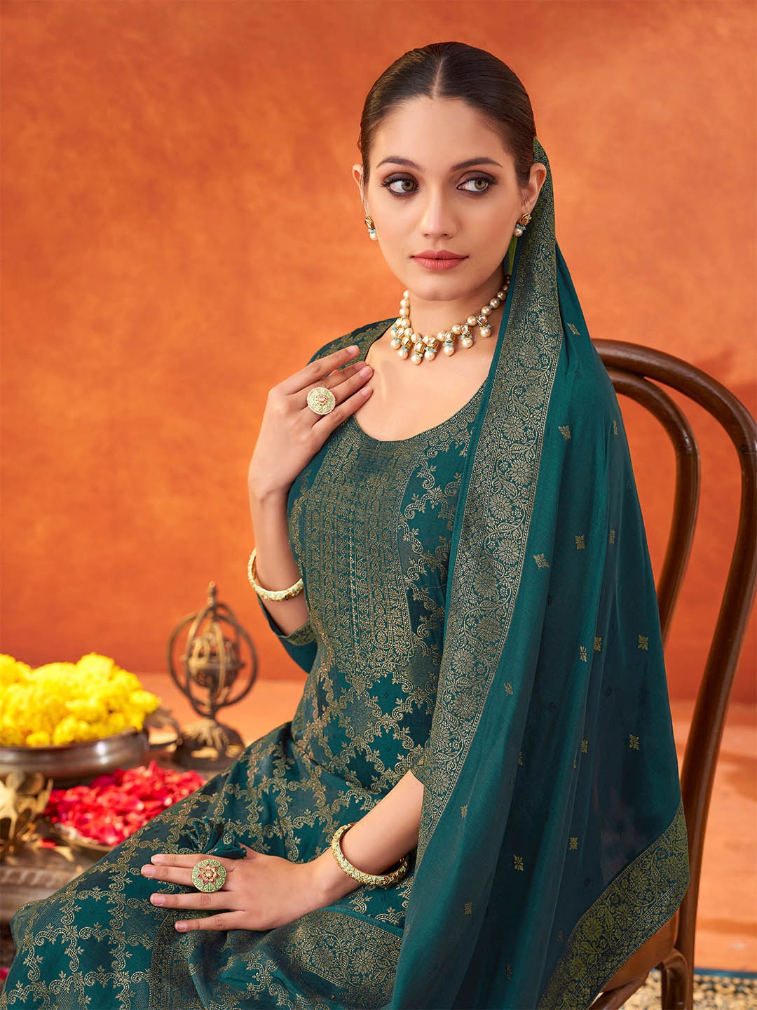 Shaily Ethnic Motifs Woven Design Pure Muslin Straight Kurta with Trousers & Dupatta, Teal
Shaily Ethnic Motifs Woven Design Pure Muslin Straight Kurta with Trousers & Dupatta, Teal
