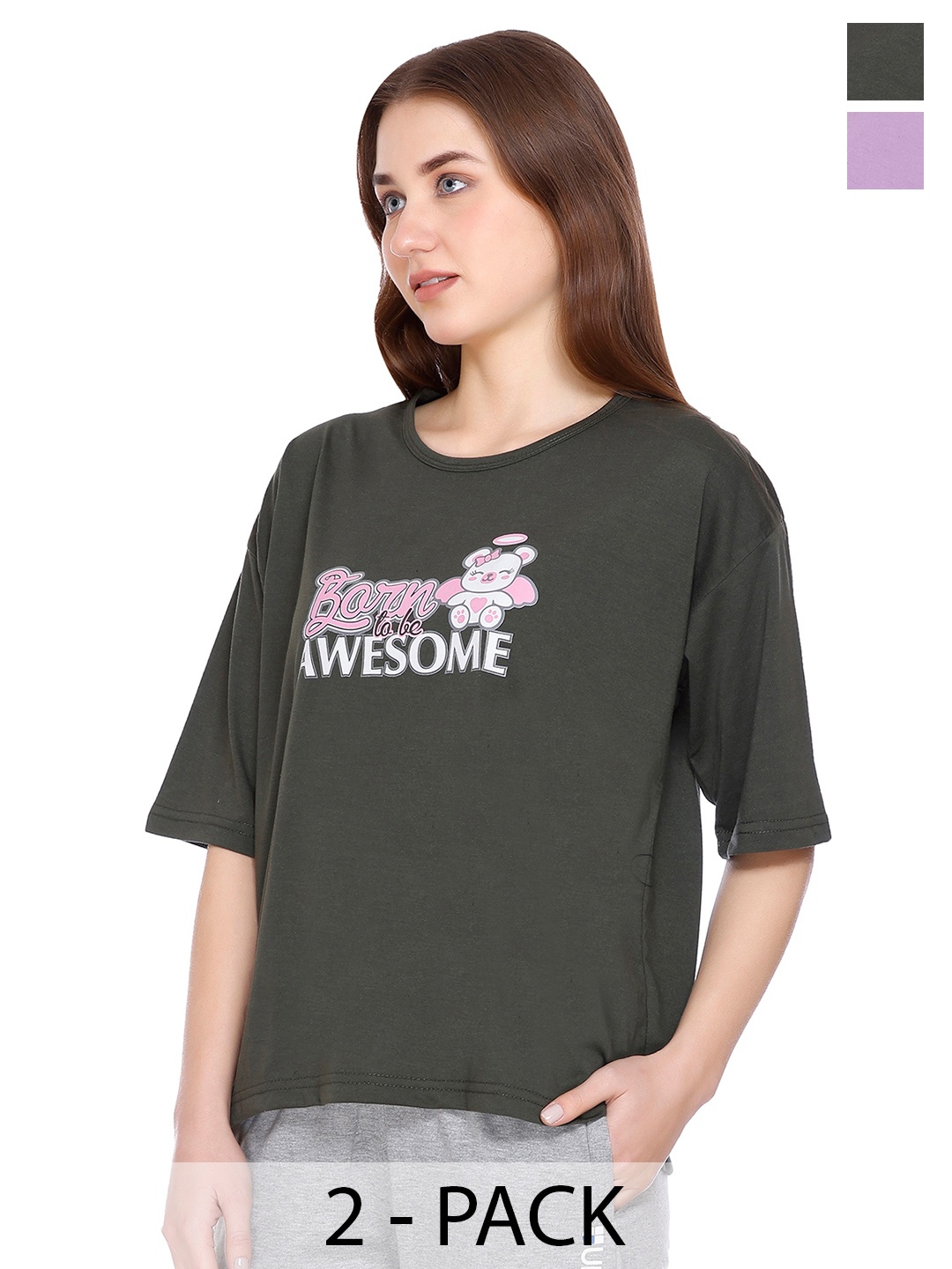 URBE-URBAN EVOLUTION Women Pack Of 2 Typography Printed Cotton Relaxed Fit T-shirts, Olive
URBE-URBAN EVOLUTION Women Pack Of 2 Typography Printed Cotton Relaxed Fit T-shirts, Olive