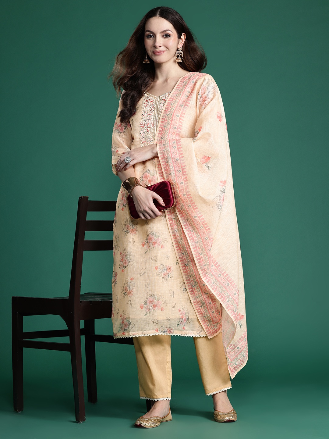 Indo Era Floral Embroidered Sequinned Linen Kurta with Trousers & With Dupatta, Cream
Indo Era Floral Embroidered Sequinned Linen Kurta with Trousers & With Dupatta, Cream