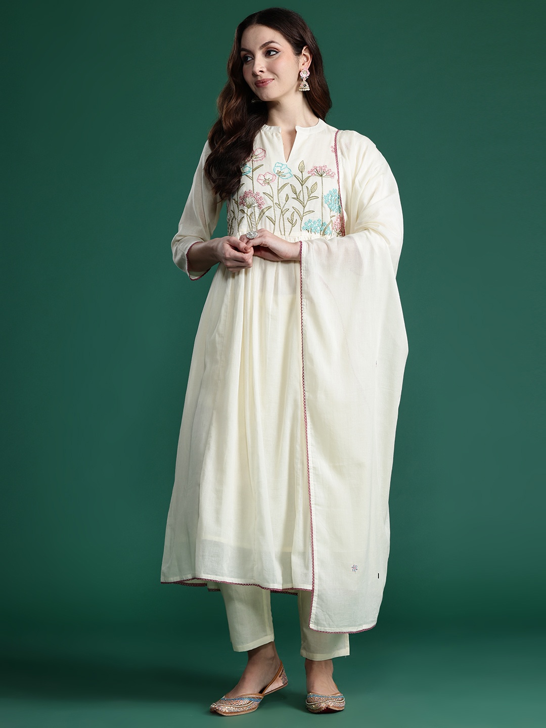 Indo Era Floral Embroidered Empire Thread Work Pure Cotton Kurta with Trousers & Dupatta, Off white
Indo Era Floral Embroidered Empire Thread Work Pure Cotton Kurta with Trousers & Dupatta, Off white