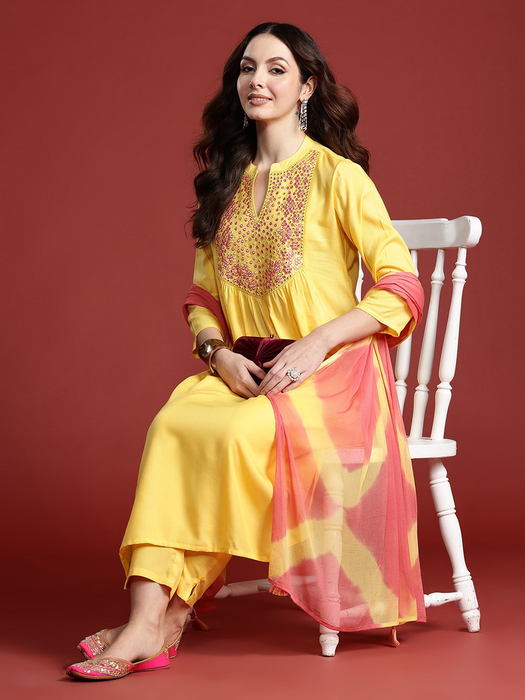 Indo Era Women Embroidered Panelled Mirror Work Pure Cotton Kurta with Trousers & Dupatta, Yellow
Indo Era Women Embroidered Panelled Mirror Work Pure Cotton Kurta with Trousers & Dupatta, Yellow