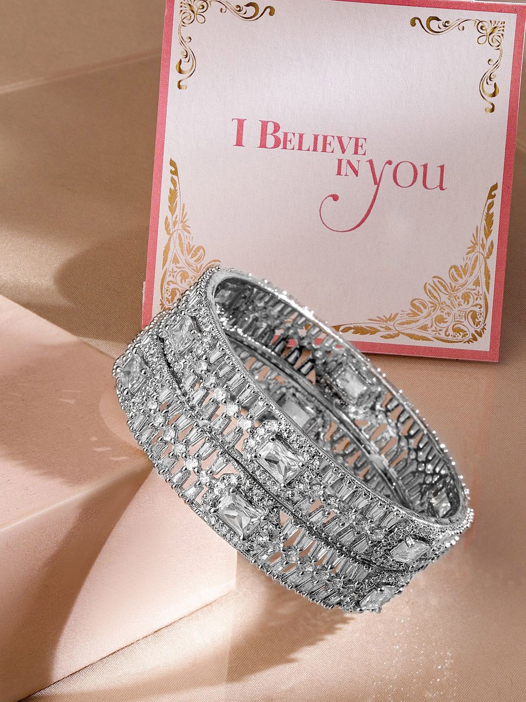 Rubans Valentine's Set of 2 Rhodium-Plated Cubic Zirconia Studded Designer Bangles, Silver
Rubans Valentine's Set of 2 Rhodium-Plated Cubic Zirconia Studded Designer Bangles, Silver