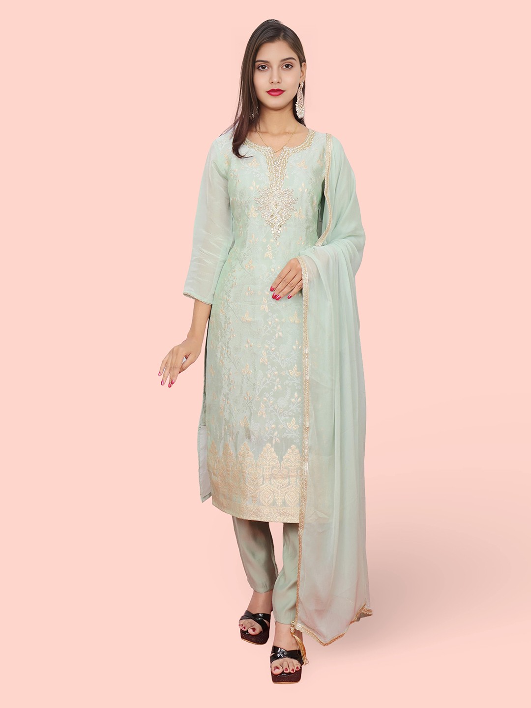 Shreekama Floral Embroidered Notch Neck Chanderi Silk Straight Kurta & Trouser & Dupatta, Green
Shreekama Floral Embroidered Notch Neck Chanderi Silk Straight Kurta & Trouser & Dupatta, Green