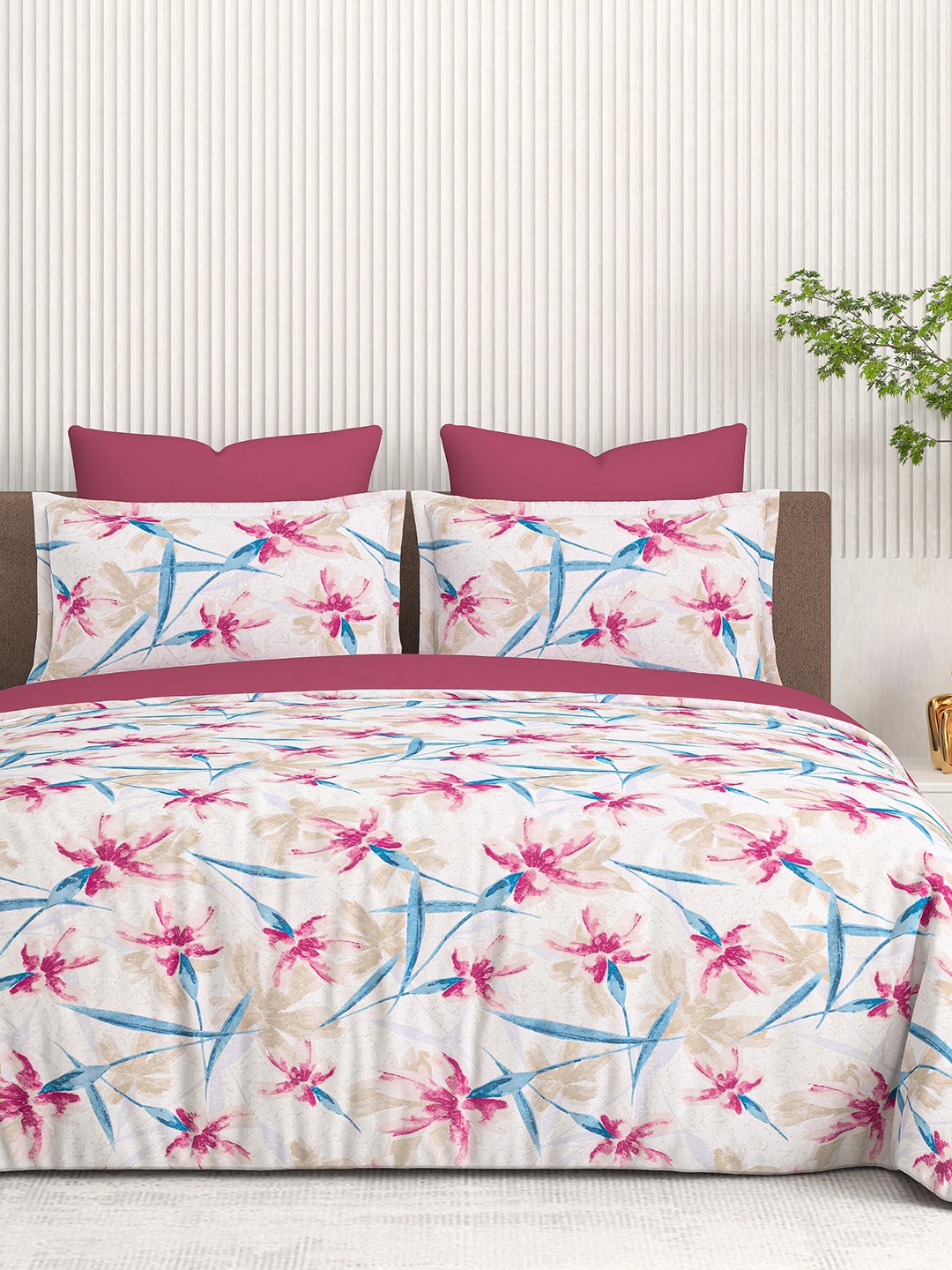 Cortina Glazed Cotton Pink Floral 140 TC King Bedsheet with 2 Pillow Covers, White
Cortina Glazed Cotton Pink Floral 140 TC King Bedsheet with 2 Pillow Covers, White