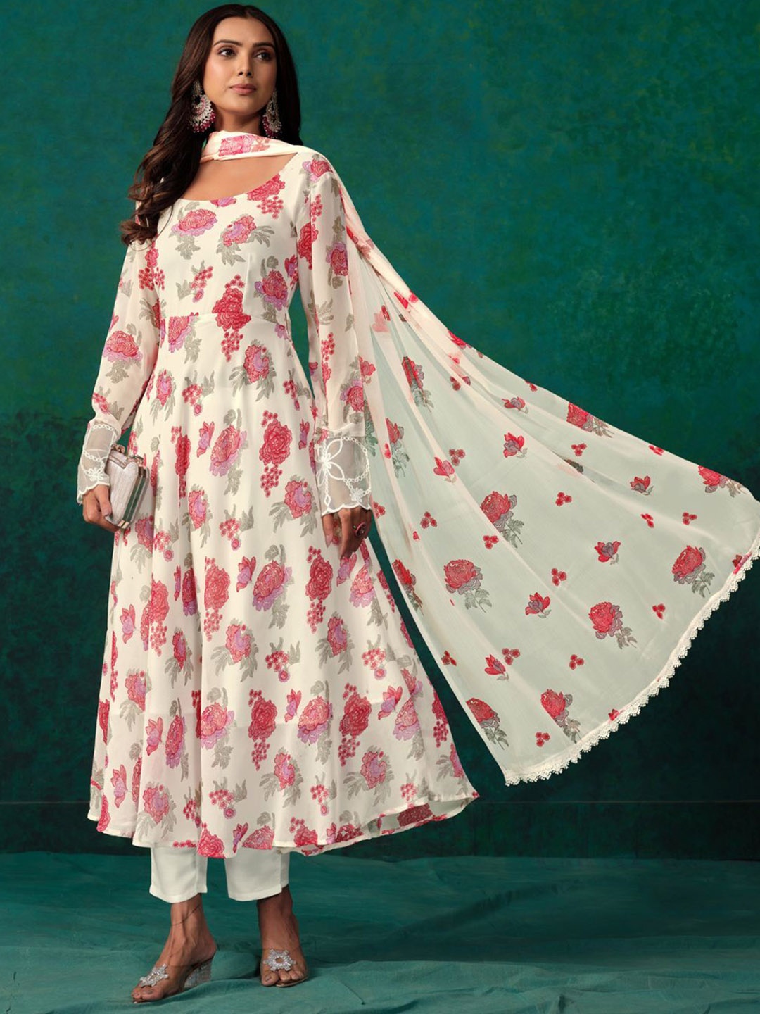 Sangria White Floral Printed Boat Neck Georgette Anarkali Kurta With Trouser & Dupatta
Sangria White Floral Printed Boat Neck Georgette Anarkali Kurta With Trouser & Dupatta