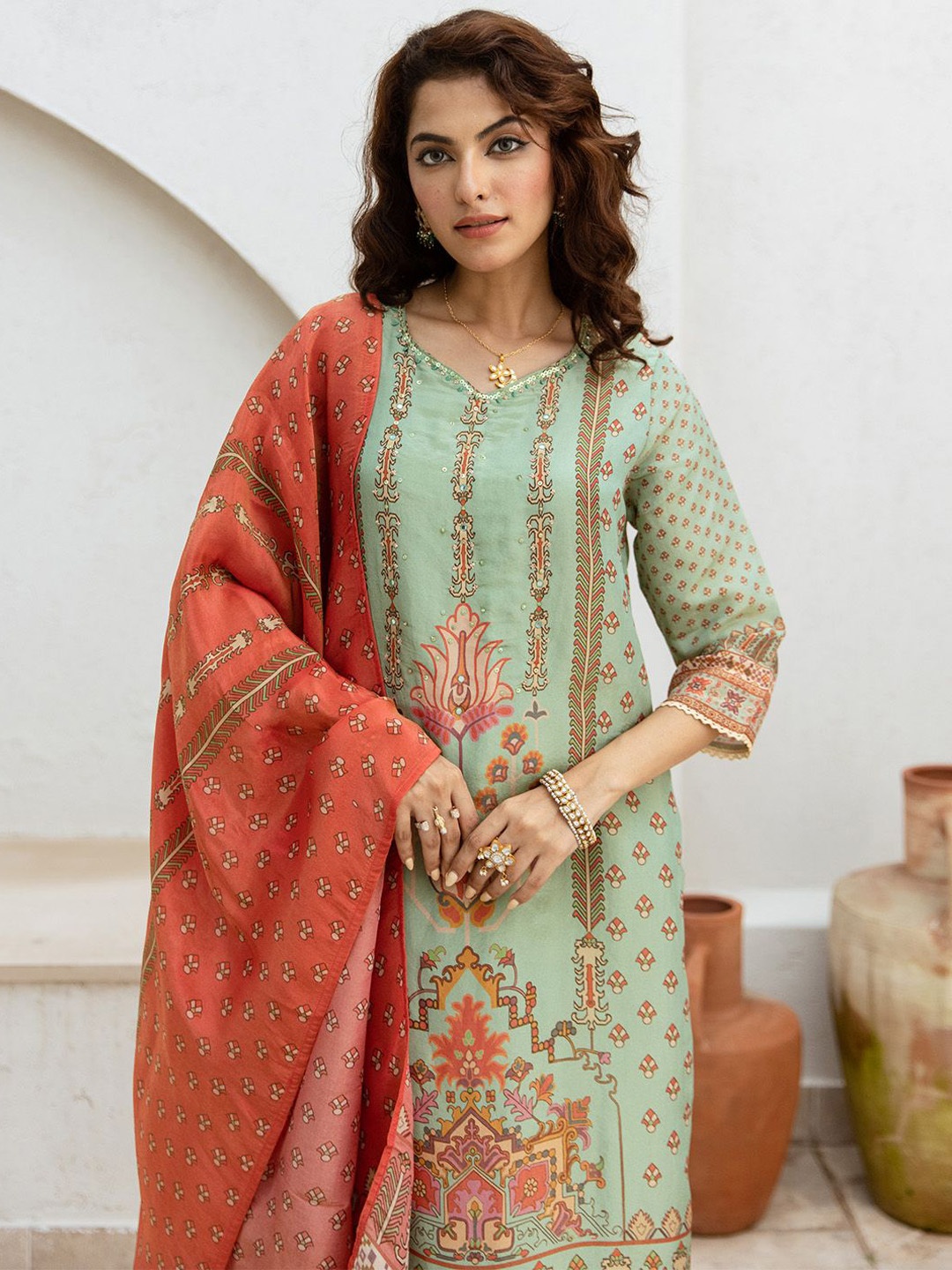 Ishin Floral Printed Beads And Stones Straight Kurta With Trouser And Dupatta, Green
Ishin Floral Printed Beads And Stones Straight Kurta With Trouser And Dupatta, Green
