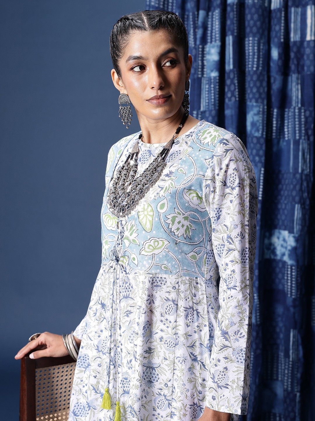 Taavi Floral Hand Block Printed Pure Cotton Anarkali Kurta with Tie-Up Detail, White
Taavi Floral Hand Block Printed Pure Cotton Anarkali Kurta with Tie-Up Detail, White
