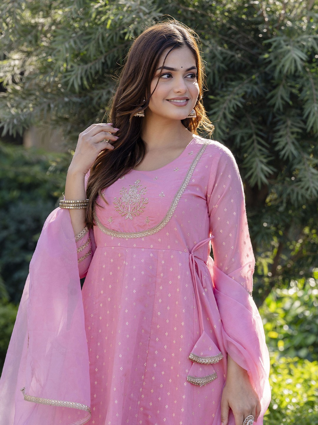EthniFlair Floral Embroidered Panelled Chanderi Silk Anarkali Kurta With Pyjamas & Dupatta, Pink
EthniFlair Floral Embroidered Panelled Chanderi Silk Anarkali Kurta With Pyjamas & Dupatta, Pink