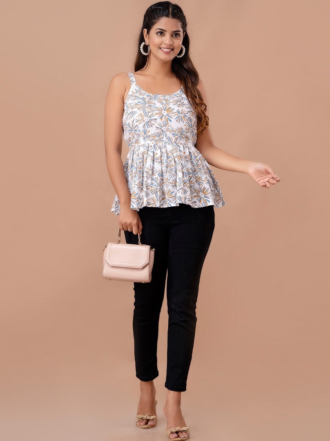 LIVING ROOTS Floral Printed Shoulder Straps Gathered or Pleated Pure Cotton Peplum Top, White
LIVING ROOTS Floral Printed Shoulder Straps Gathered or Pleated Pure Cotton Peplum Top, White