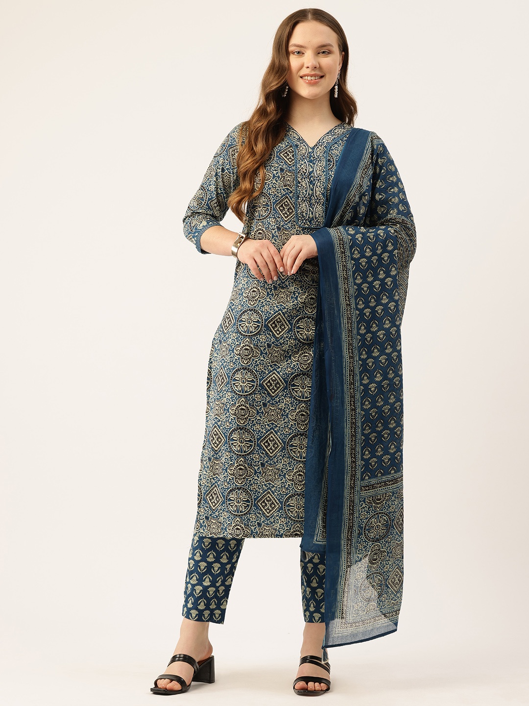 FERANOID Ethnic Motifs Printed Thread Work Pure Cotton Kurta with Trousers & With Dupatta, Blue
FERANOID Ethnic Motifs Printed Thread Work Pure Cotton Kurta with Trousers & With Dupatta, Blue