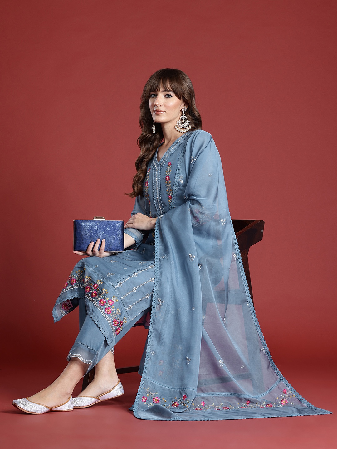 Indo Era Women Floral Embroidered Panelled Thread Work Kurta With Trousers & Dupatta, Blue
Indo Era Women Floral Embroidered Panelled Thread Work Kurta With Trousers & Dupatta, Blue