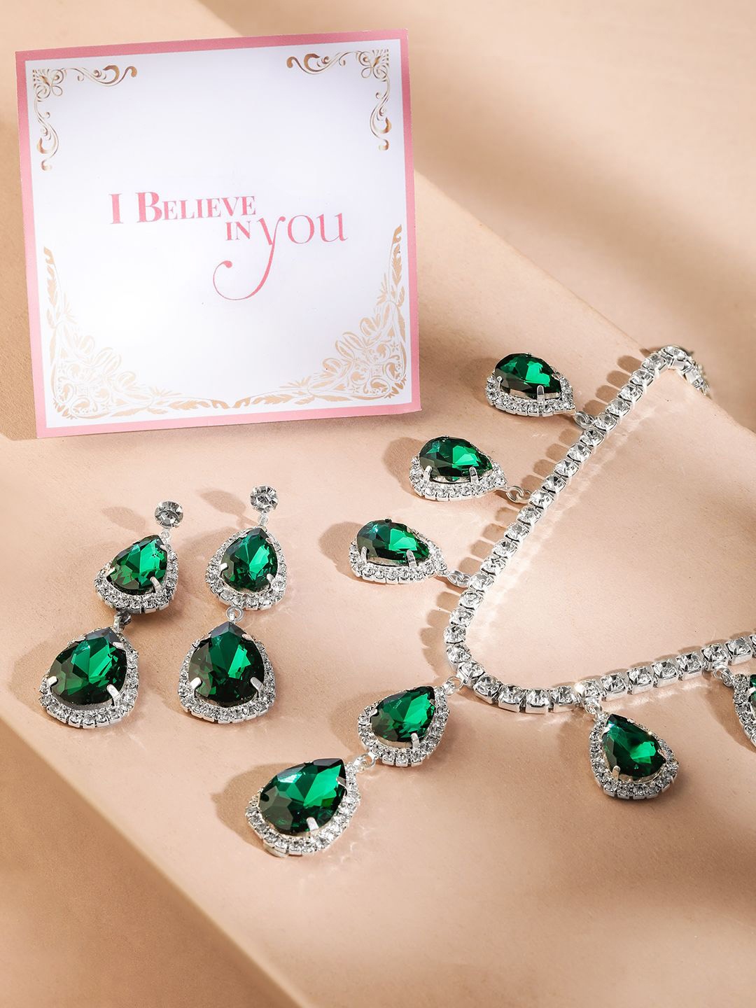 Rubans Valentine's Rhodium Plated Emerald & Cubic Zirconia Studded Luxurious Necklace Set, Silver
Rubans Valentine's Rhodium Plated Emerald & Cubic Zirconia Studded Luxurious Necklace Set, Silver