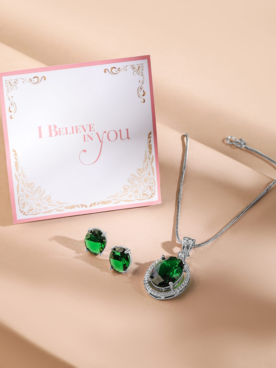 Rubans Valentine's Rhodium-Plated Emerald & CZ Studded Oval Pendant Necklace Set, Silver
Rubans Valentine's Rhodium-Plated Emerald & CZ Studded Oval Pendant Necklace Set, Silver