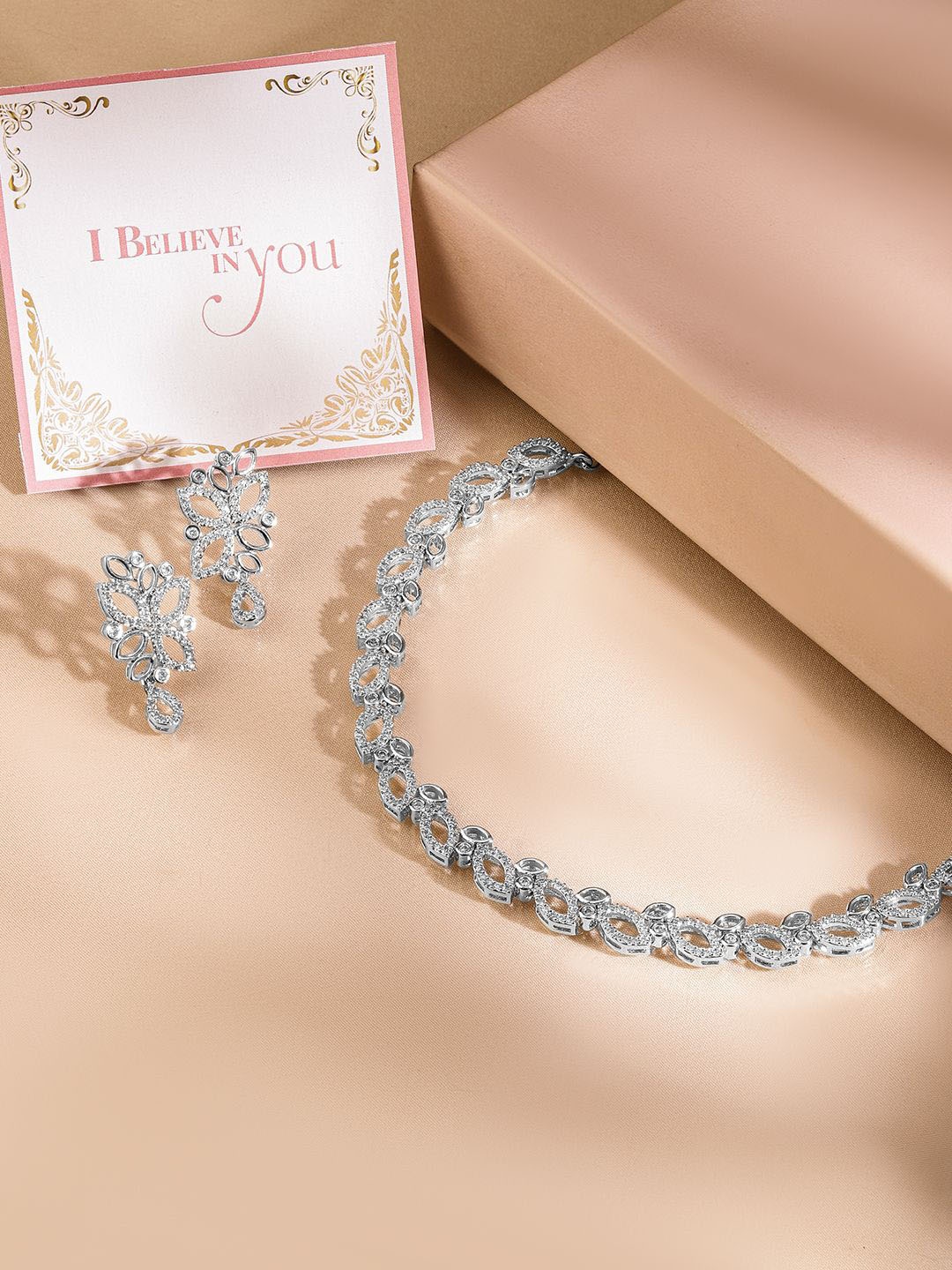 Rubans Valentine's Rhodium Plated Brass High Quality Cubic Zirconia Floral Necklace Set, Silver
Rubans Valentine's Rhodium Plated Brass High Quality Cubic Zirconia Floral Necklace Set, Silver