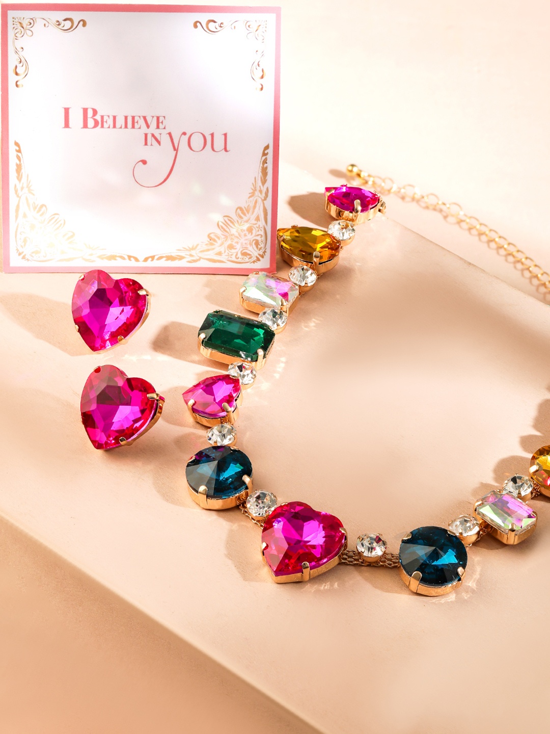 Rubans Valentine's Gold-Plated Multicolor Gemstone Necklace with Heart-Shaped Earrings
Rubans Valentine's Gold-Plated Multicolor Gemstone Necklace with Heart-Shaped Earrings