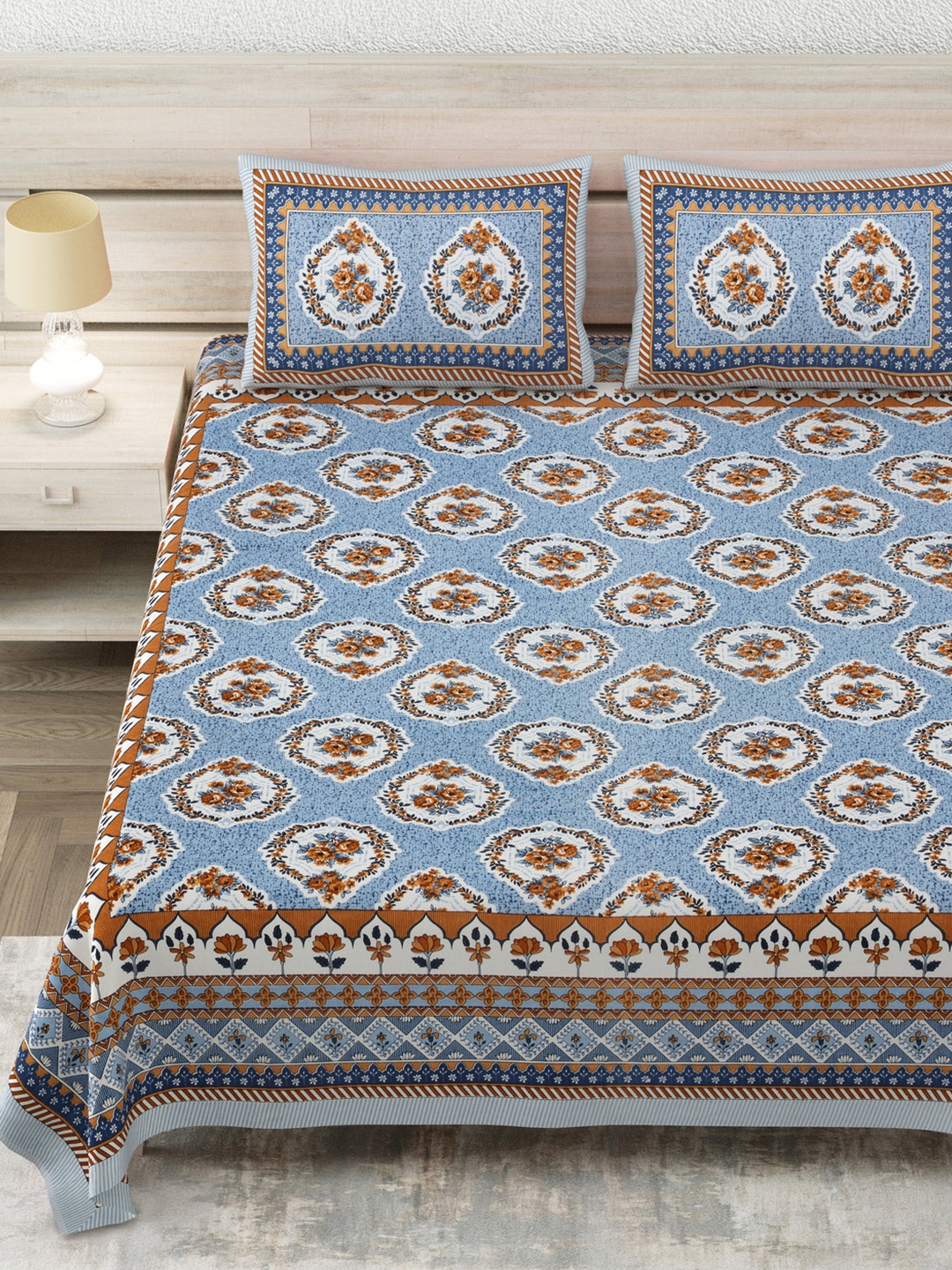 Aapno Rajasthan Jaipuri Blue Printed Pure Cotton 144 TC King Bedsheet Set 2.74m x 2.74m
Aapno Rajasthan Jaipuri Blue Printed Pure Cotton 144 TC King Bedsheet Set 2.74m x 2.74m