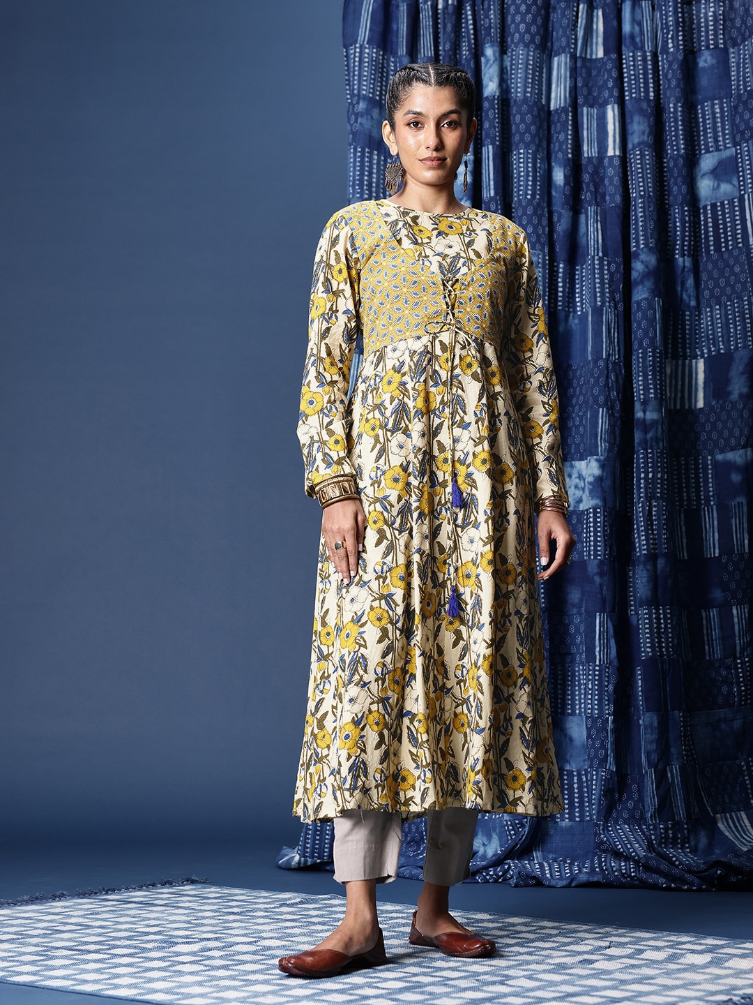 Taavi Floral Hand Block Printed Pure Cotton Anarkali Kurta with Tie-Up Detail, Off white
Taavi Floral Hand Block Printed Pure Cotton Anarkali Kurta with Tie-Up Detail, Off white