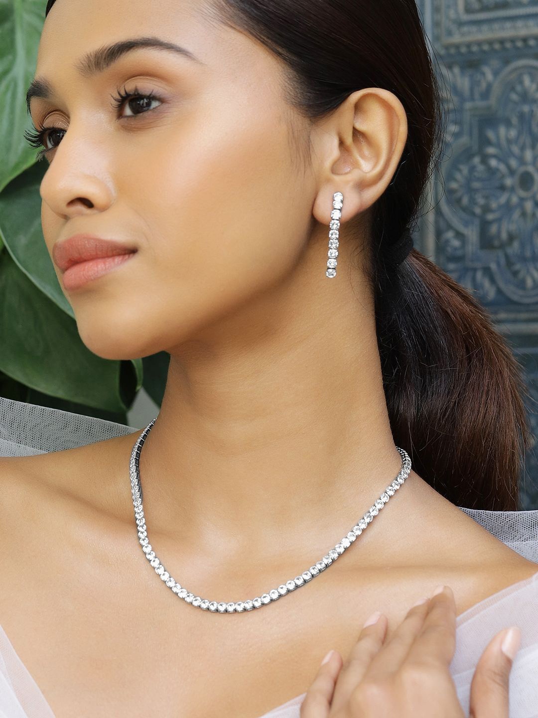 Rubans Rhodium Plated Cubic Zirconia Studded Tennis Statement Necklace Set, Silver
Rubans Rhodium Plated Cubic Zirconia Studded Tennis Statement Necklace Set, Silver