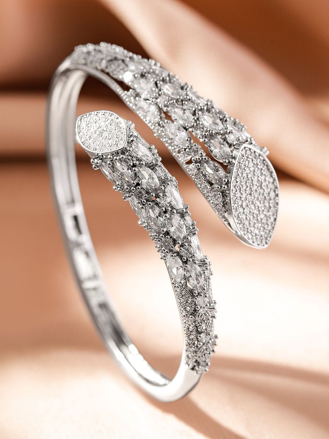 Rubans Rhodium Plated Cubic Zirconia Studded Adjustable Demi Fine Openable Bracelet, Silver
Rubans Rhodium Plated Cubic Zirconia Studded Adjustable Demi Fine Openable Bracelet, Silver