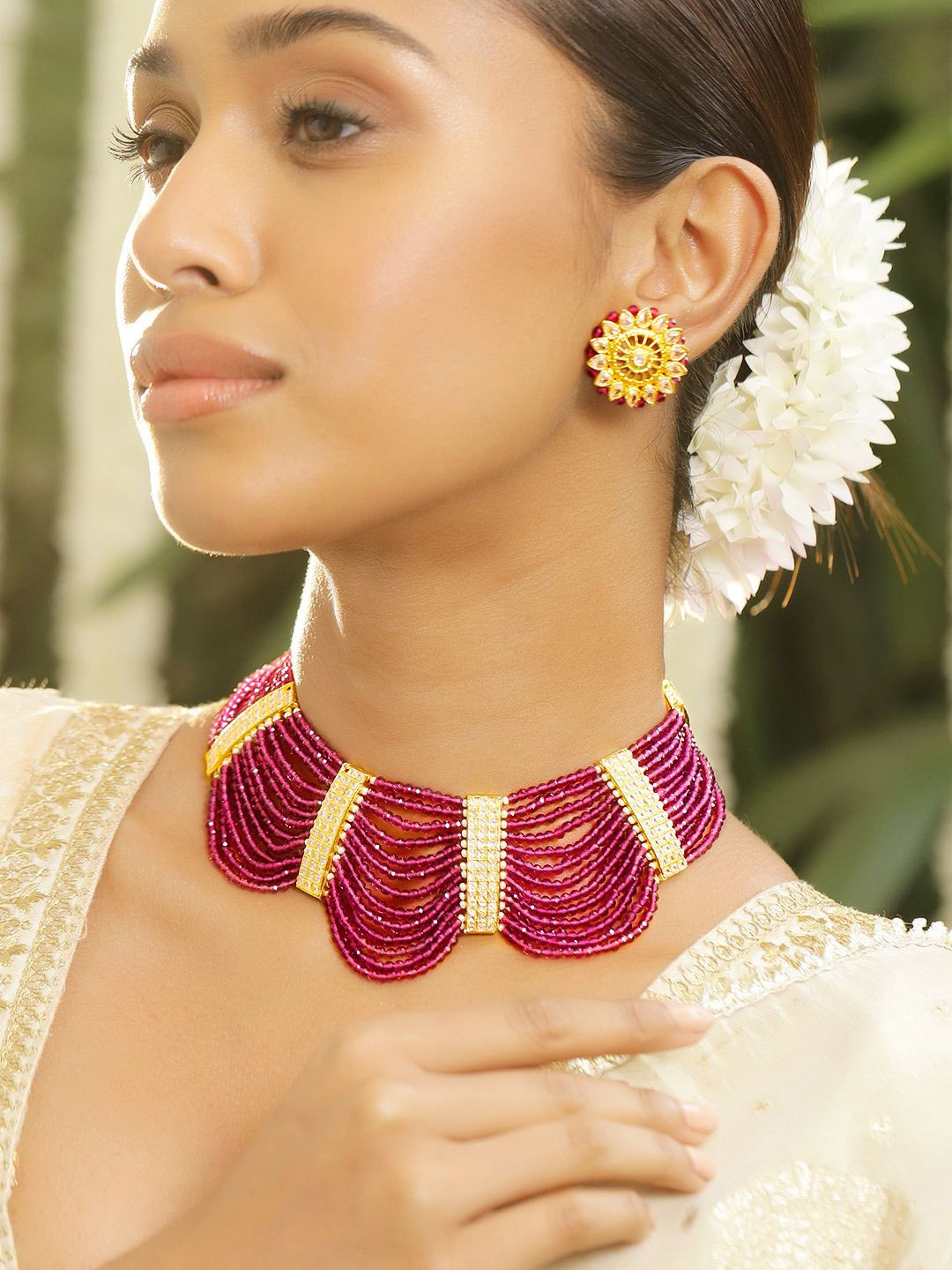 Rubans 22K Gold Plated Ruby Pink Beaded & Cubic Zirconia Multi Strand Choker Jewellery Set
Rubans 22K Gold Plated Ruby Pink Beaded & Cubic Zirconia Multi Strand Choker Jewellery Set