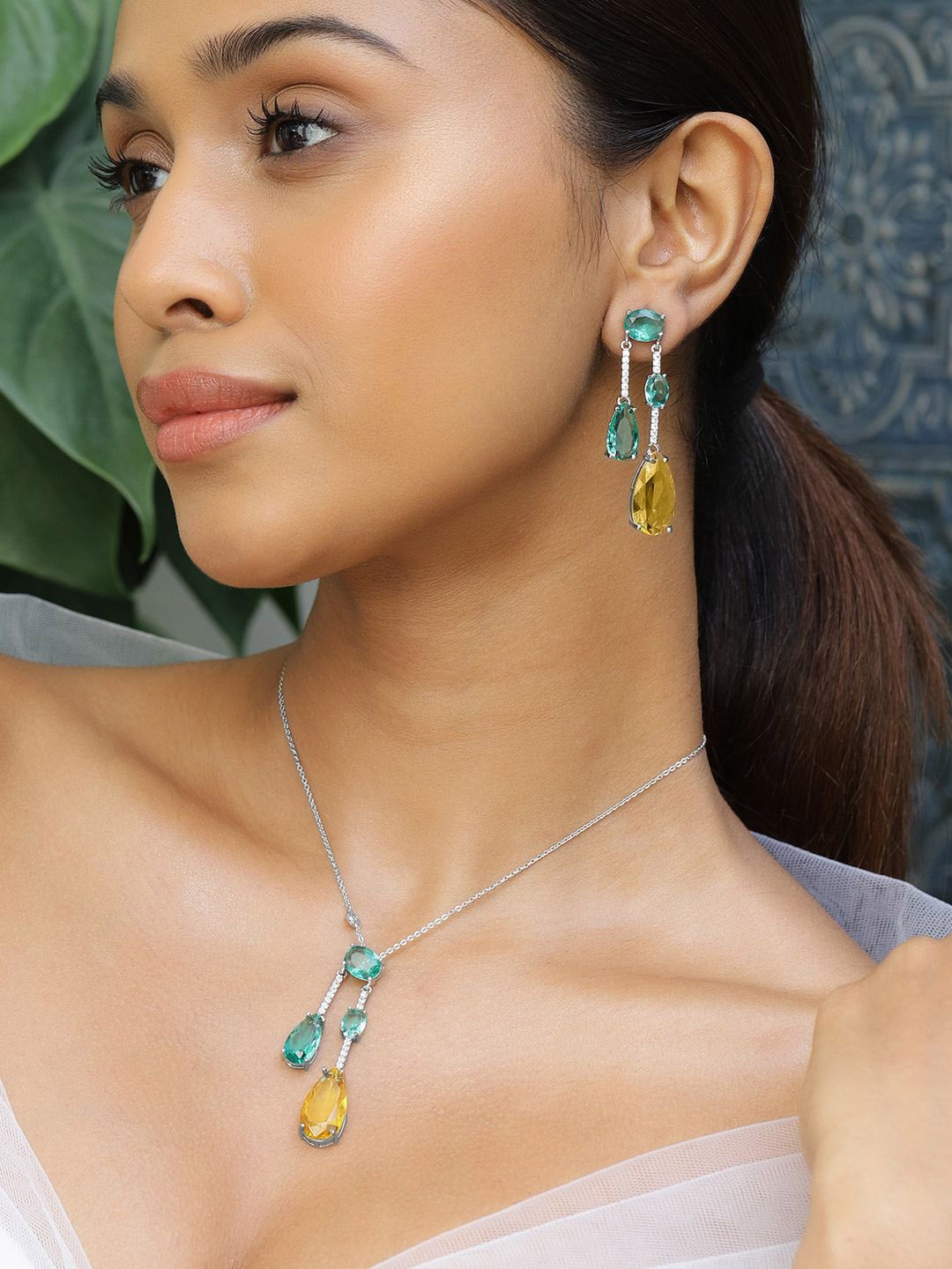 Rubans Rhodium Plated Emerald Green & Yellow Crystal Cubic Zirconia Studded Necklace Set, Silver
Rubans Rhodium Plated Emerald Green & Yellow Crystal Cubic Zirconia Studded Necklace Set, Silver
