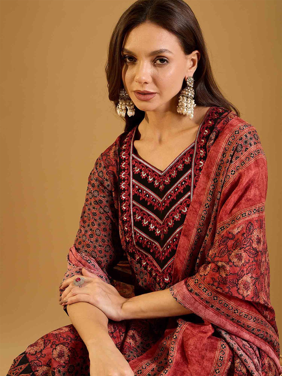 Inddus Floral Printed Sequnnied Anarkali Kurta With Trousers And Dupatta, Maroon
Inddus Floral Printed Sequnnied Anarkali Kurta With Trousers And Dupatta, Maroon