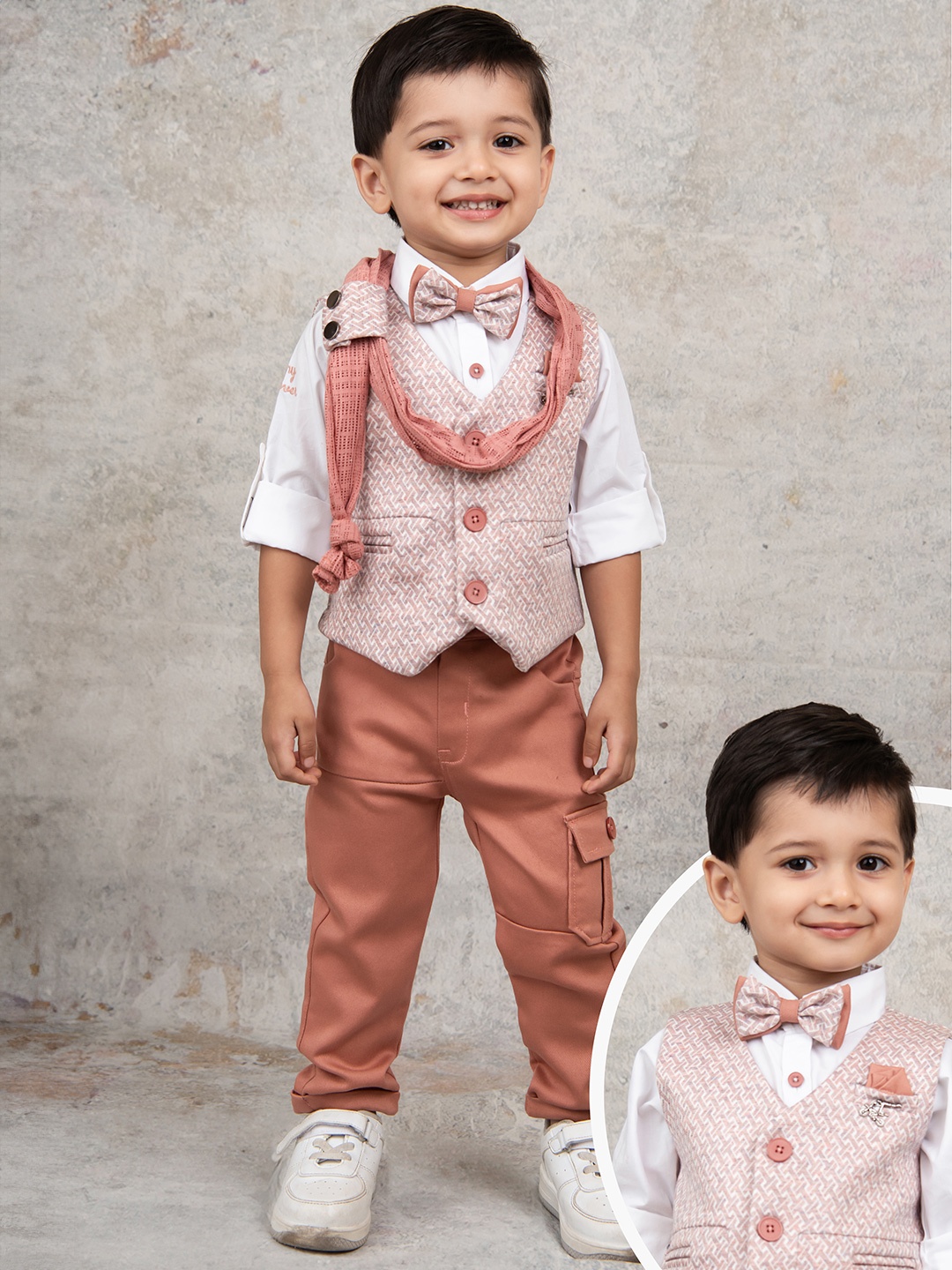 LITTLE COLLARS Boys Self Design Collarless Single-Breasted 5-Pieces Suits, Peach
LITTLE COLLARS Boys Self Design Collarless Single-Breasted 5-Pieces Suits, Peach