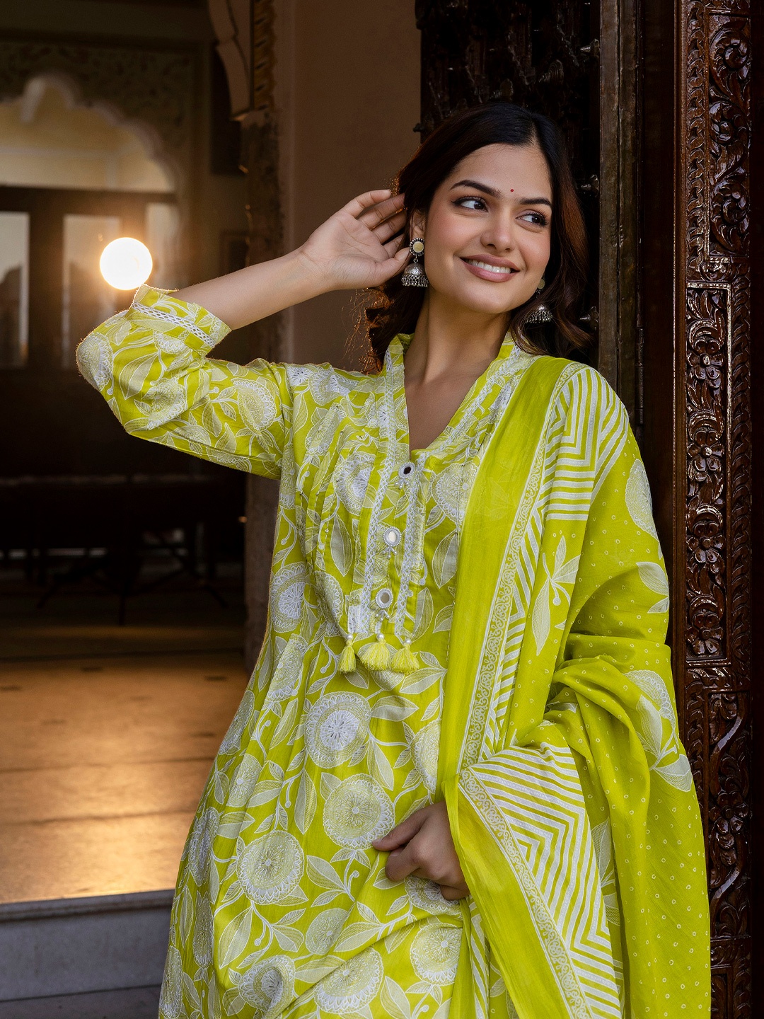 EthniFlair Floral Printed Mirror Work Pure Cotton A-Line Kurta With Trousers & Dupatta, Lime green
EthniFlair Floral Printed Mirror Work Pure Cotton A-Line Kurta With Trousers & Dupatta, Lime green