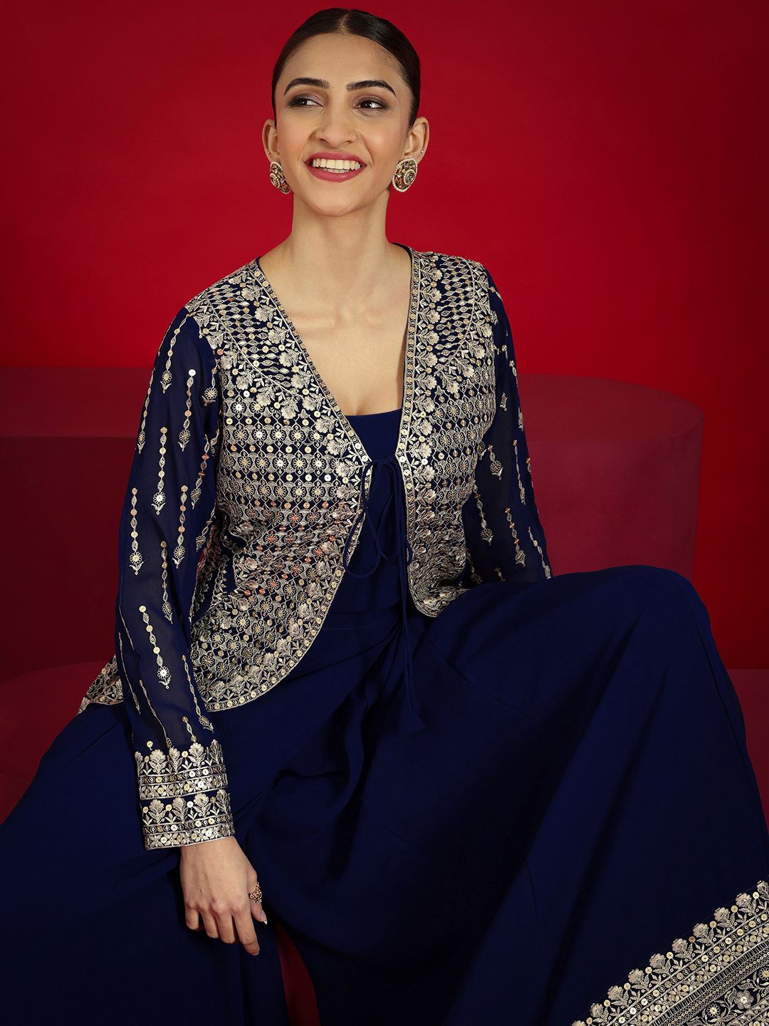 Libas Art Round Neck Sequinned Work Top With Palazzo & Floral Embroidered Jacket, Blue
Libas Art Round Neck Sequinned Work Top With Palazzo & Floral Embroidered Jacket, Blue