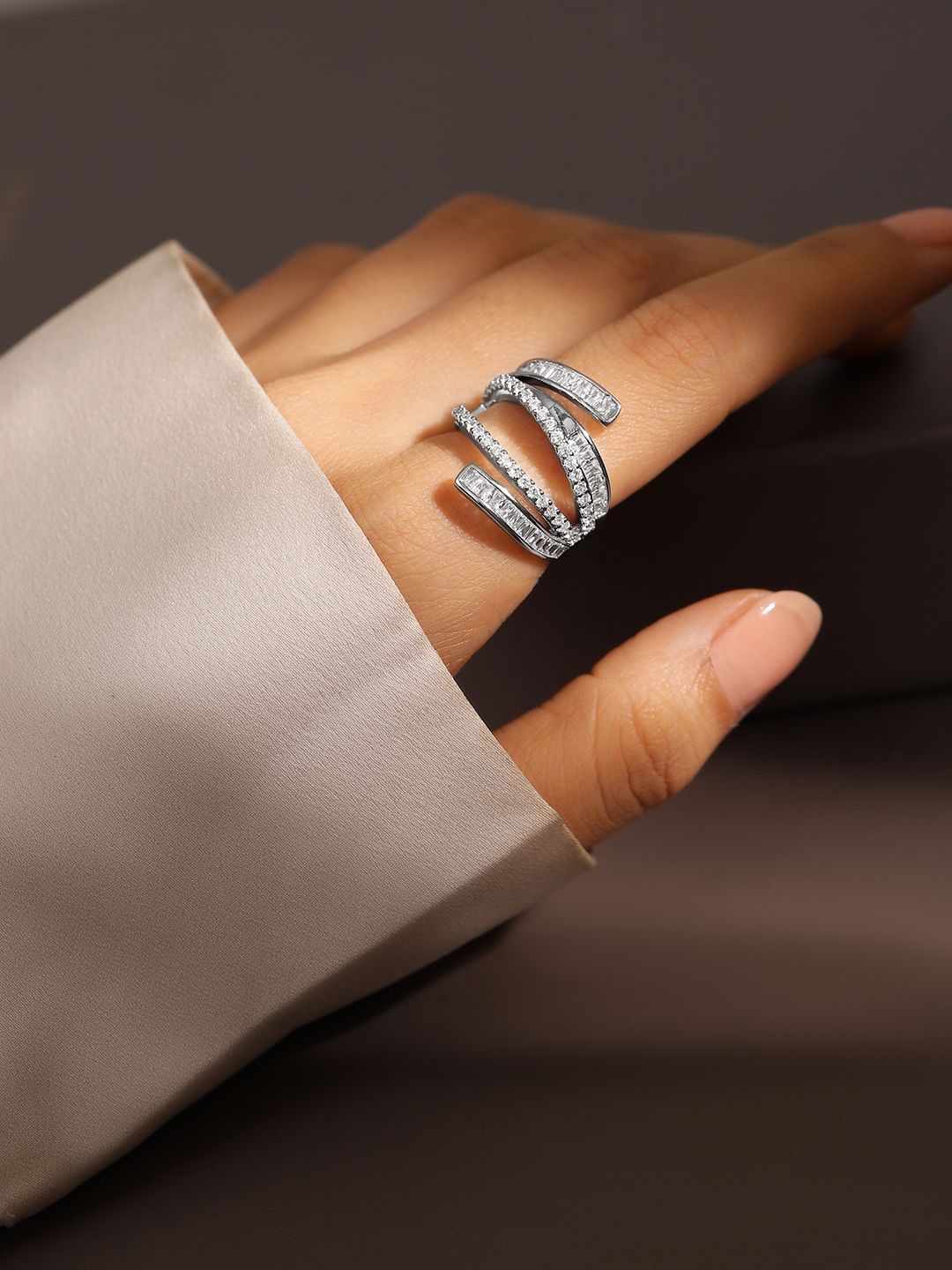 Rubans Rhodium Plated Baguette Cut Cubic Zirconia Layered Adjustable Statement Ring, Silver
Rubans Rhodium Plated Baguette Cut Cubic Zirconia Layered Adjustable Statement Ring, Silver