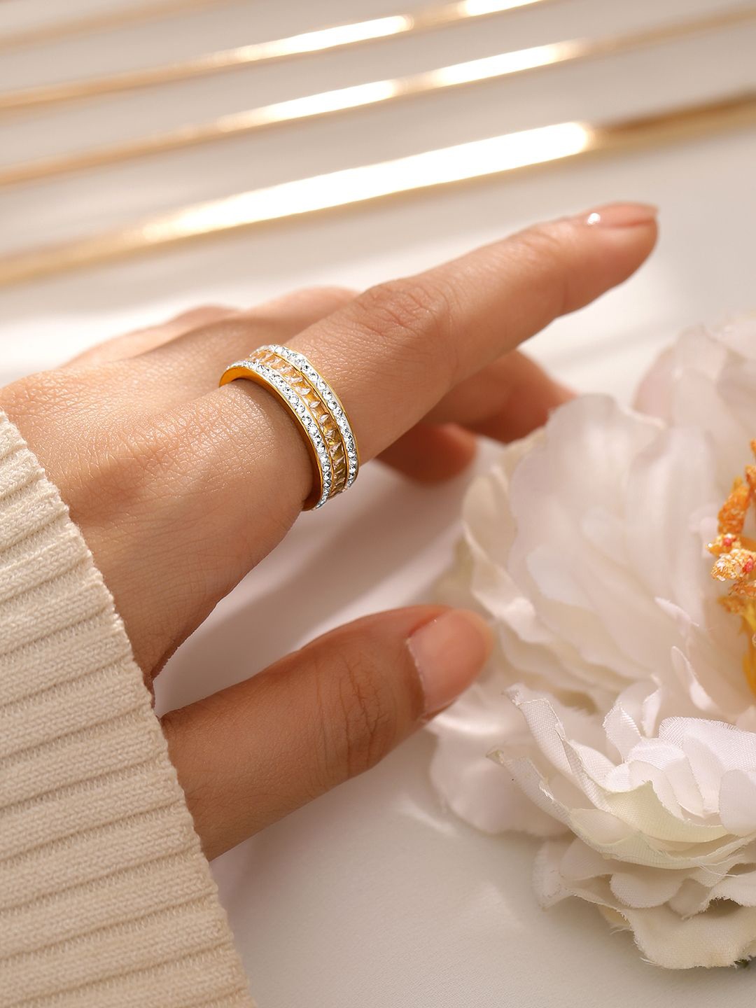 Rubans Voguish 18K Gold Plated Stainless Steel Tarnish Free Waterproof Zirconia Band Ring
Rubans Voguish 18K Gold Plated Stainless Steel Tarnish Free Waterproof Zirconia Band Ring