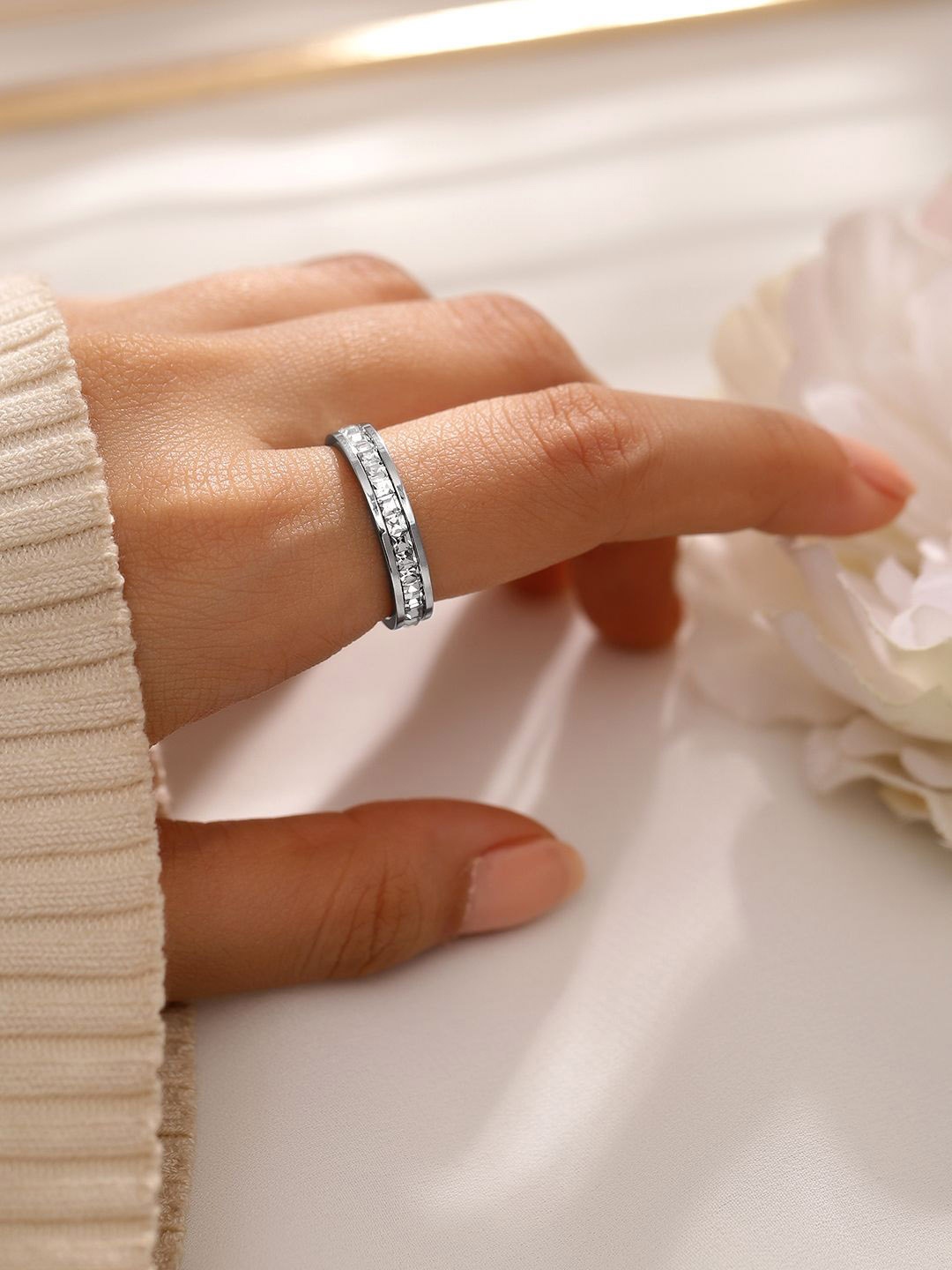 Rubans Voguish Rhodium Plated Stainless Steel TarnishFree Waterproof Zirconia Band Ring, Silver
Rubans Voguish Rhodium Plated Stainless Steel TarnishFree Waterproof Zirconia Band Ring, Silver