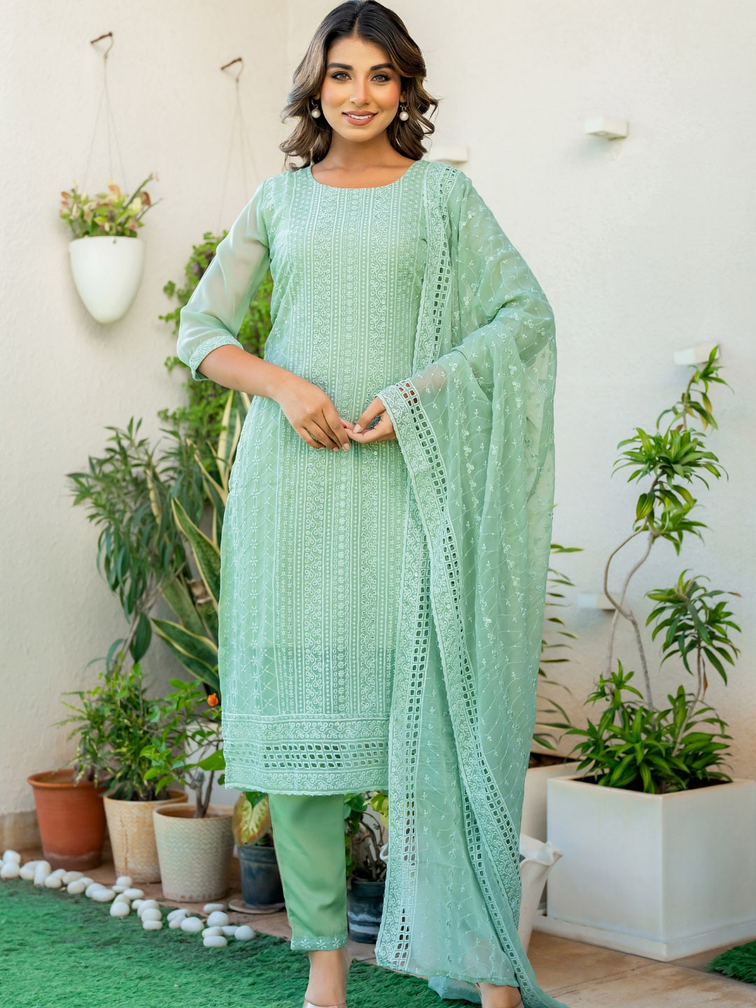PRETTY PALLU Floral Chikankari Embroidered Georgette Straight Kurta With Trouser & Dupatta, Green
PRETTY PALLU Floral Chikankari Embroidered Georgette Straight Kurta With Trouser & Dupatta, Green