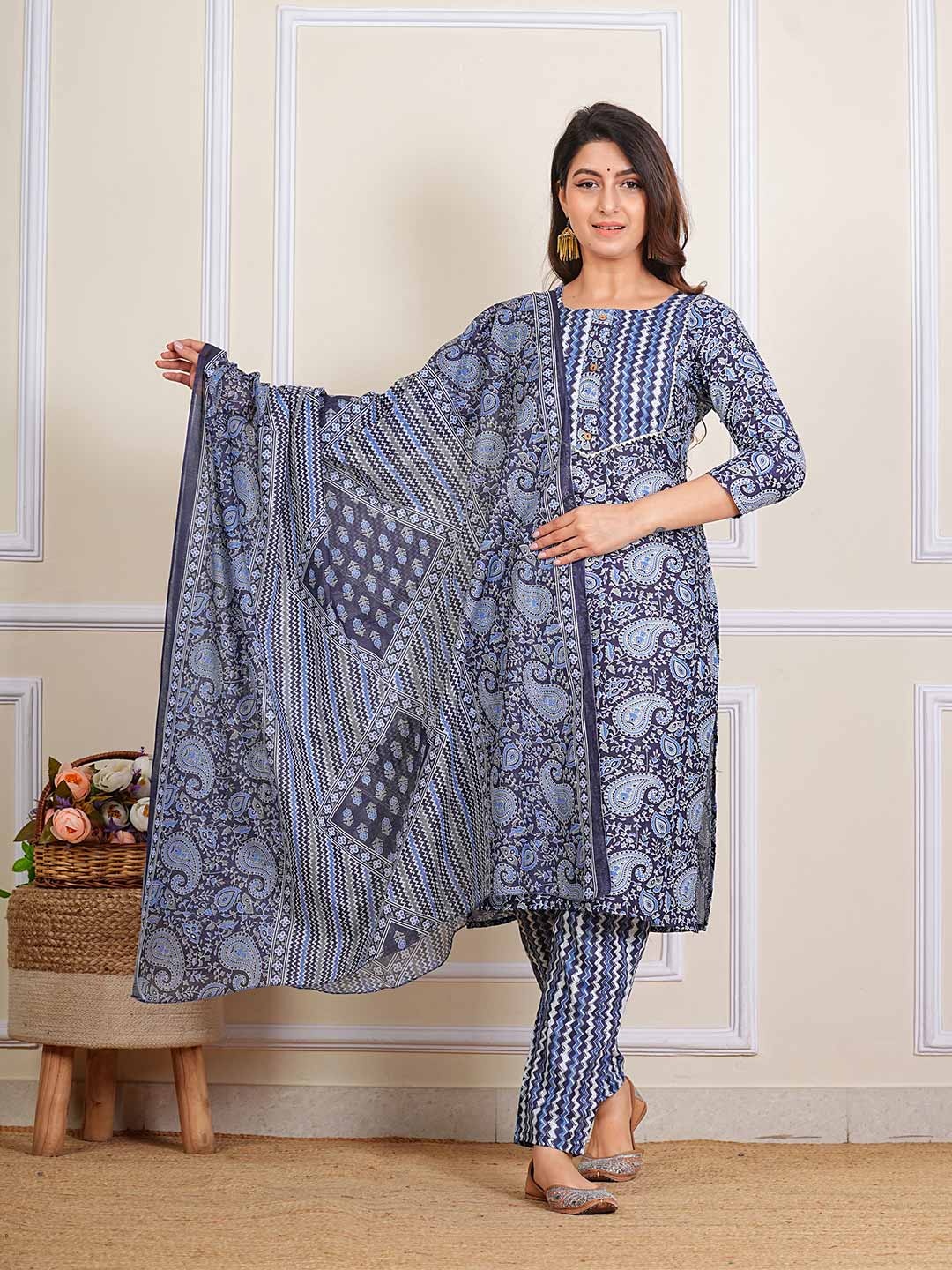 Ayan Paisley Printed Round Neck Pure Cotton Straight Kurta With Trouser & Dupatta, Blue
Ayan Paisley Printed Round Neck Pure Cotton Straight Kurta With Trouser & Dupatta, Blue